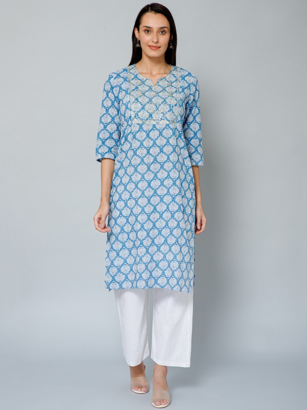 

House Of Zelena Floral Printed Thread Work Pure Cotton Maternity Kurta, Blue