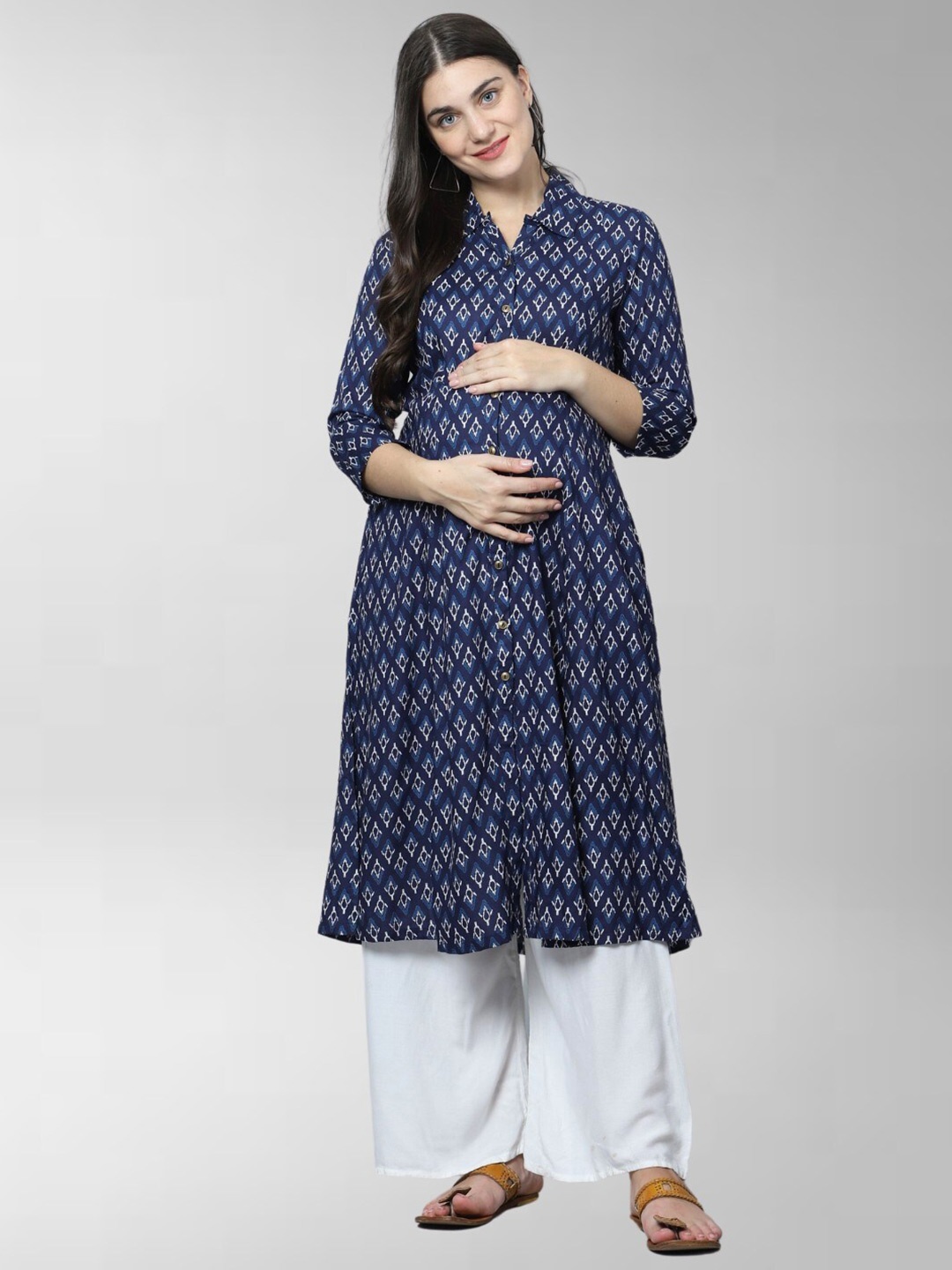 

House Of Zelena Ethnic Motifs Printed Shirt Collar Maternity A-Line Kurta, Blue