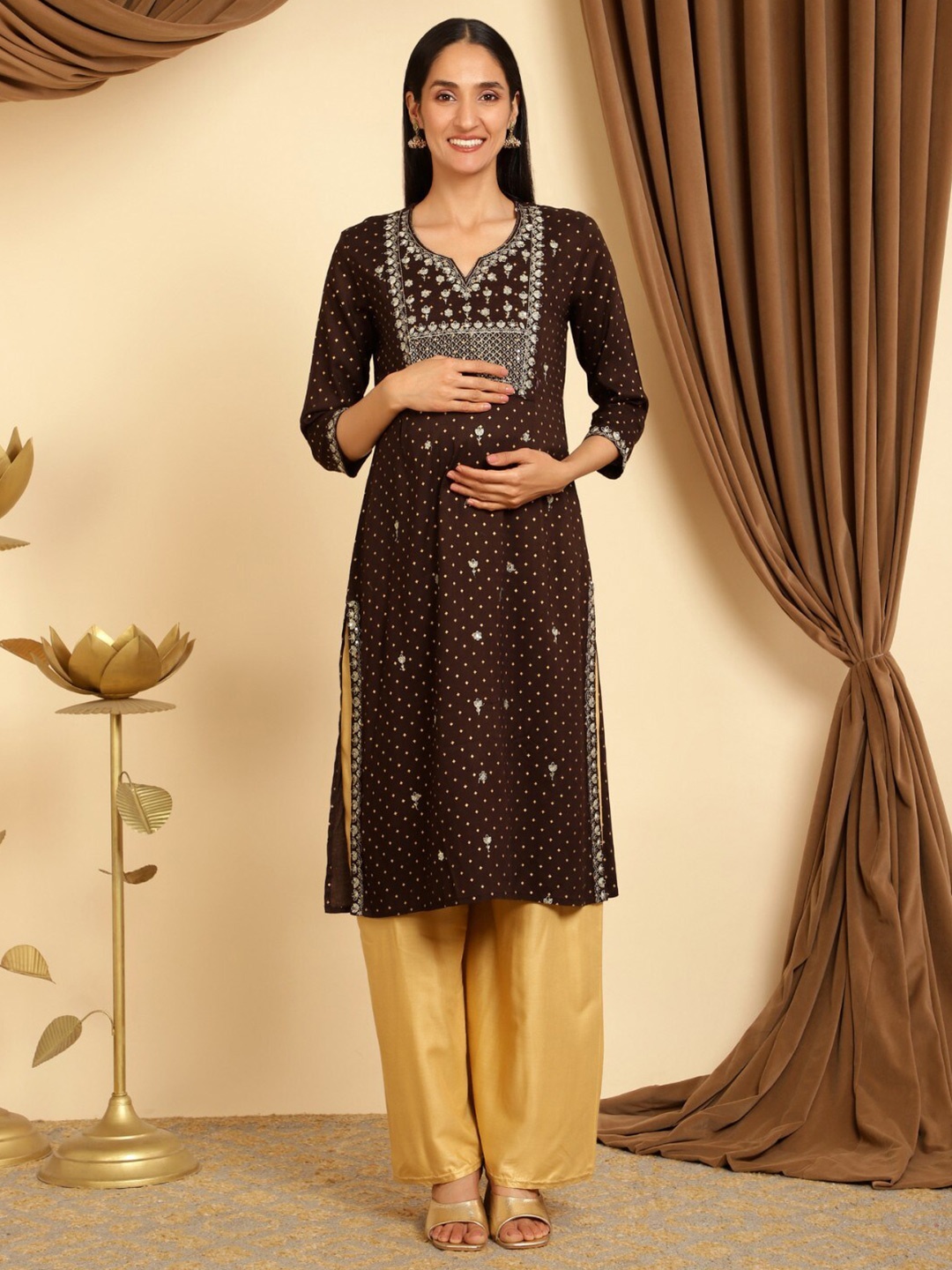 

House Of Zelena Ethnic Motifs Printed Thread Work Maternity Kurta, Brown