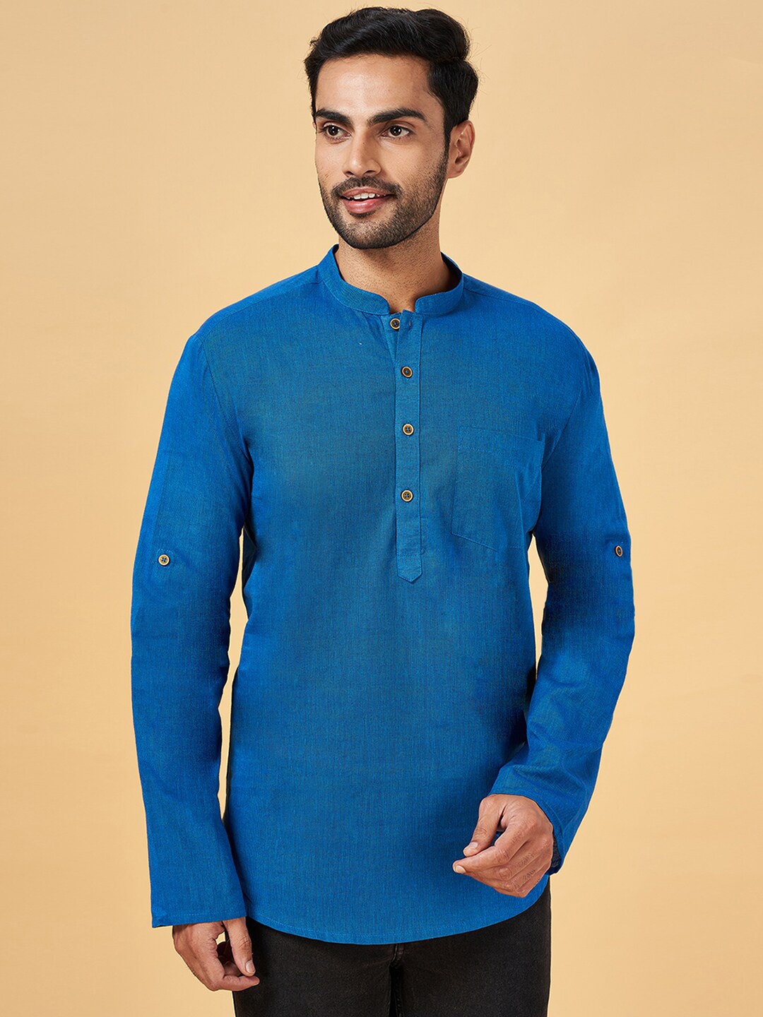 

indus route by Pantaloons Mandarin Collar Regular Cotton Kurta, Blue