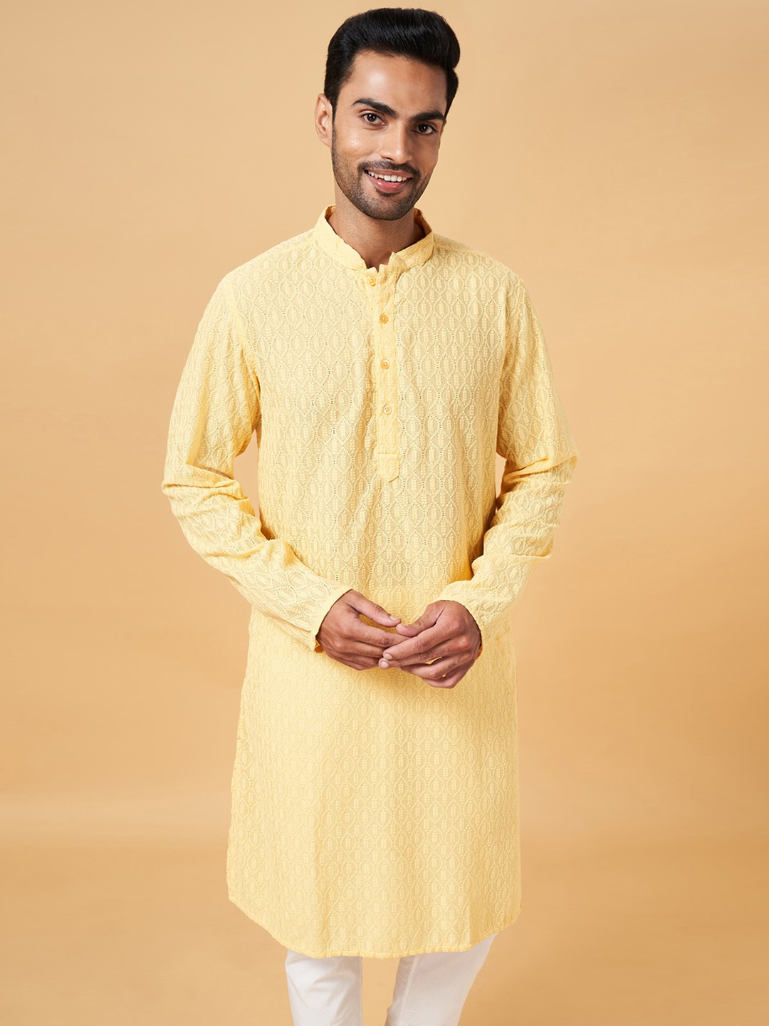 

indus route by Pantaloons Ethnic Motifs Embroidered Regular Cotton Kurta, Yellow