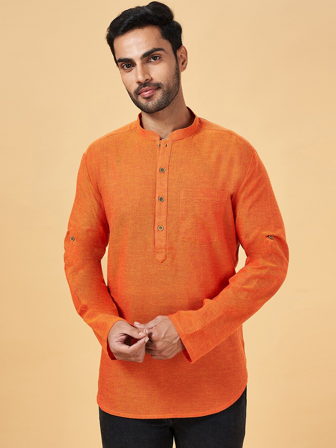 

indus route by Pantaloons Men Mandarin Collar Long Sleeves Straight Cotton Kurta, Rust