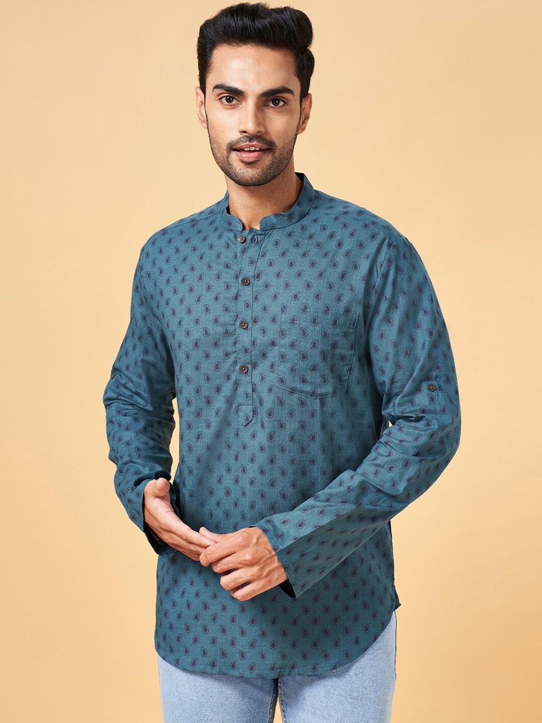 

indus route by Pantaloons Ethnic Motifs Printed Mandarin Collar Regular Cotton Kurta, Blue