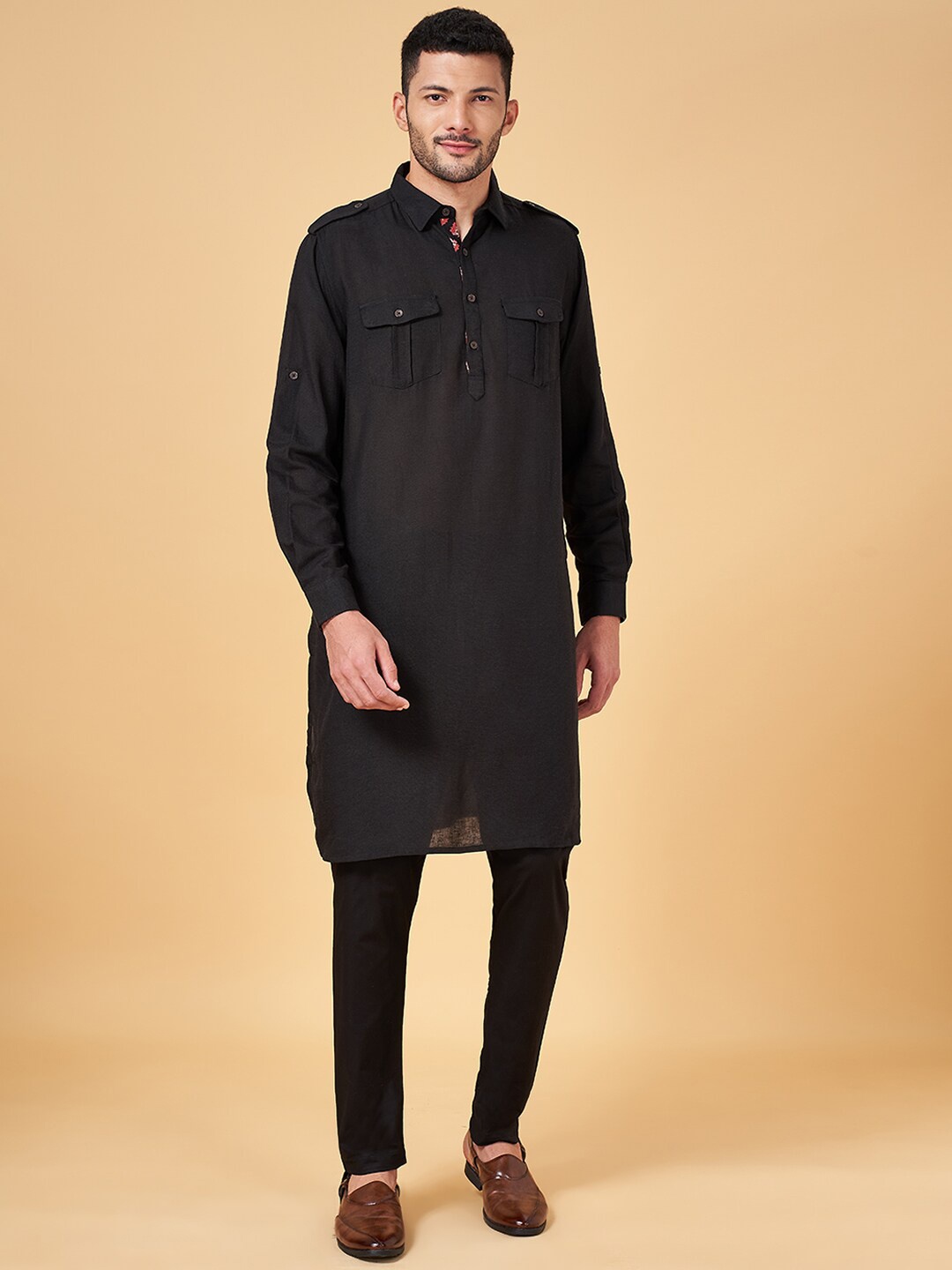 

indus route by Pantaloons Shirt Collar Cotton Pathani Kurta, Black