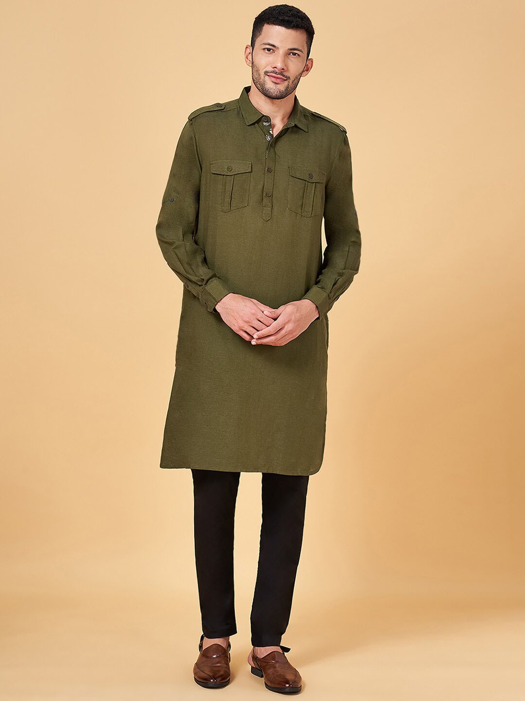 

indus route by Pantaloons Shirt Collar Cotton Pathani Kurta, Olive