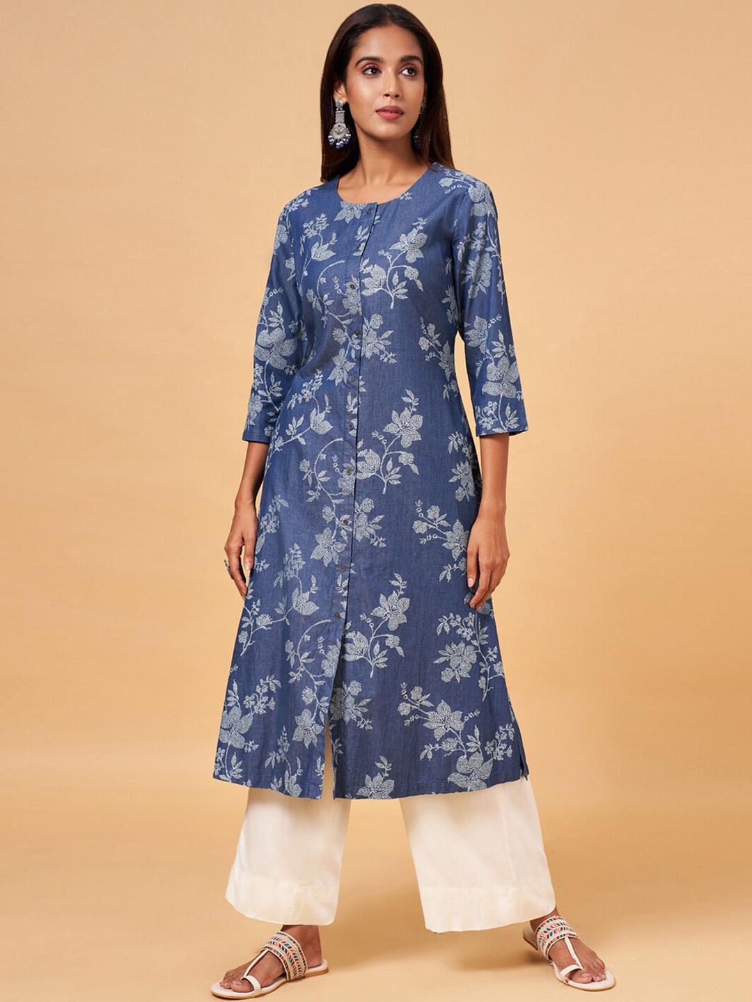 

RANGMANCH BY PANTALOONS Floral Printed A-Line Pure Cotton Kurta, Blue