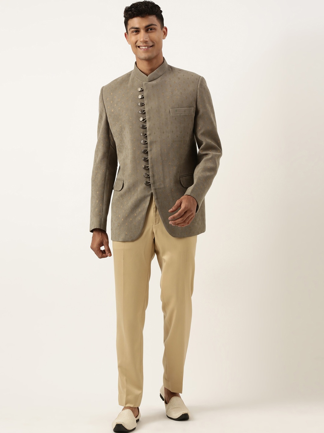 

TheEthnic.Co Woven Design Bandhgala Suit, Olive