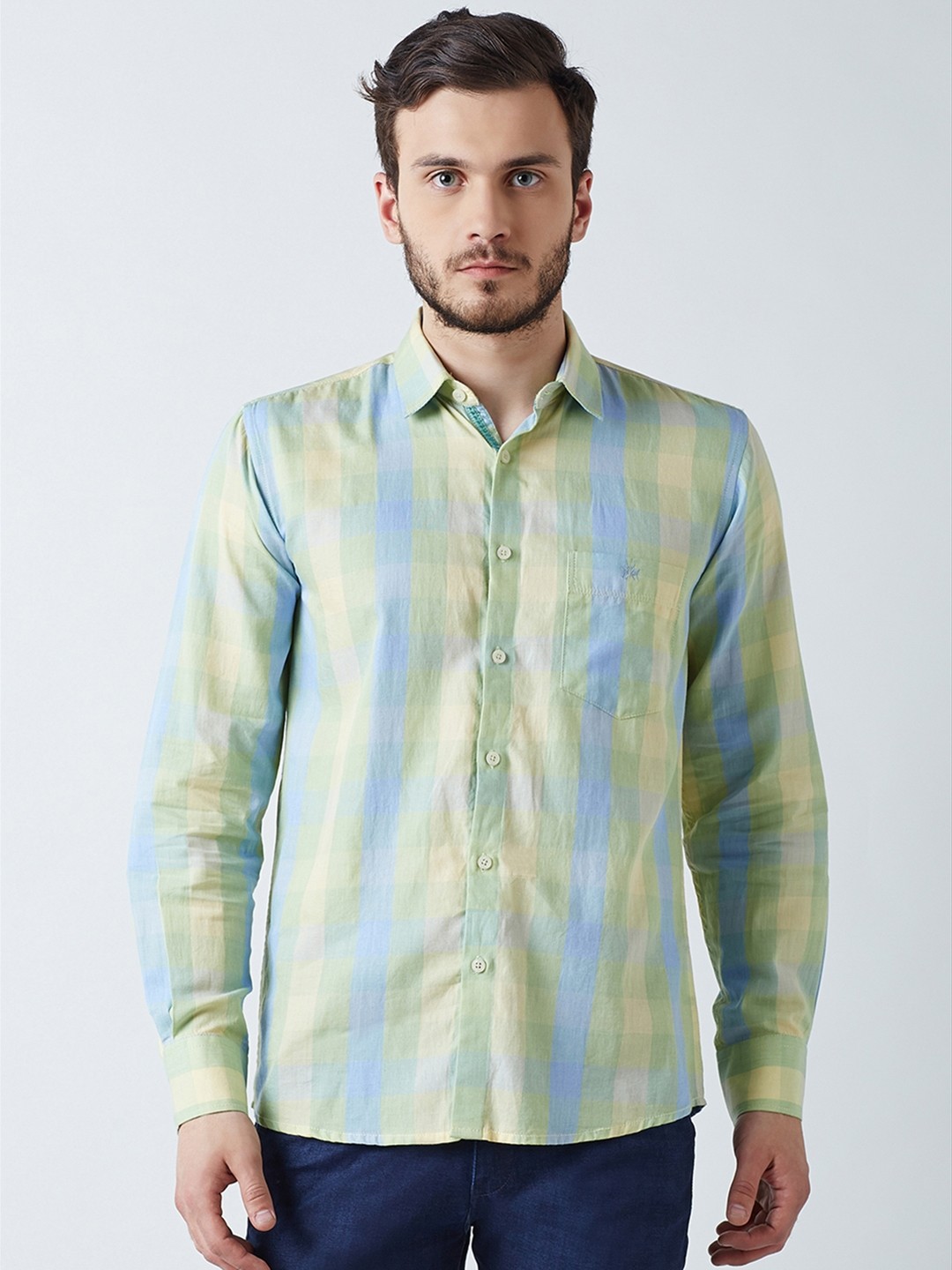 

Crimsoune Club Men Green & Bronze-Toned Slim Fit Checked Casual Shirt