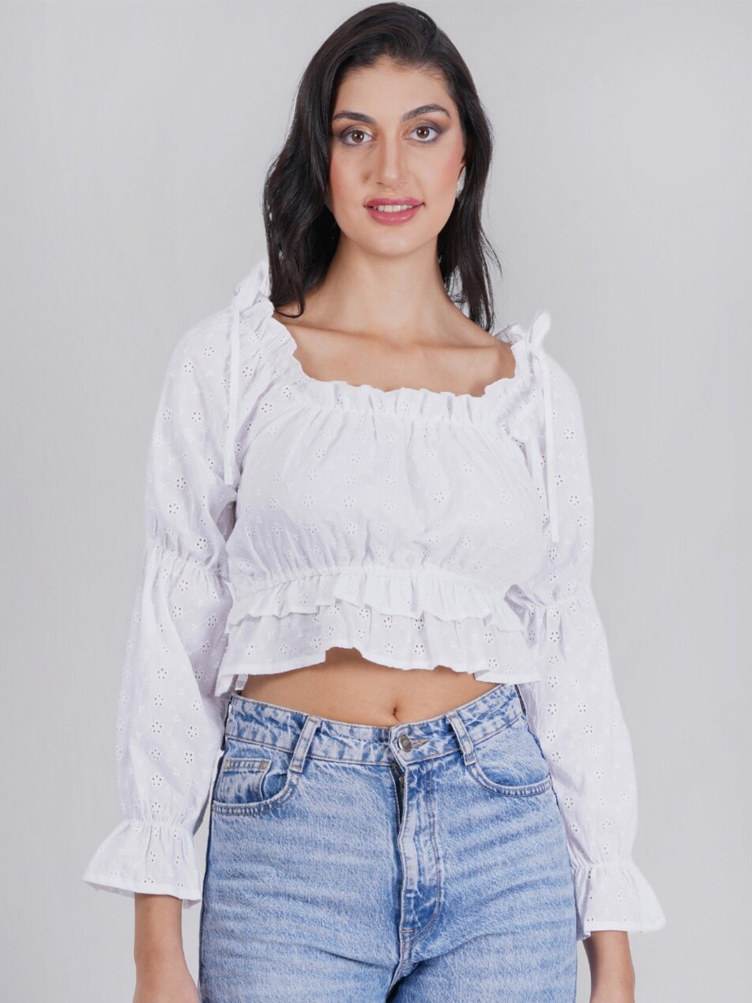 

SIGHTBOMB Bell Sleeves Schiffli Cinched Waist Crop Top, White