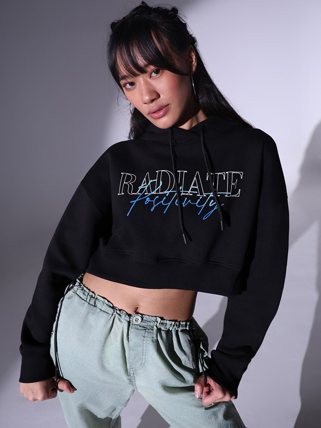 

Hubberholme Typography Printed Hooded Pure Cotton Crop Sweatshirt, Black