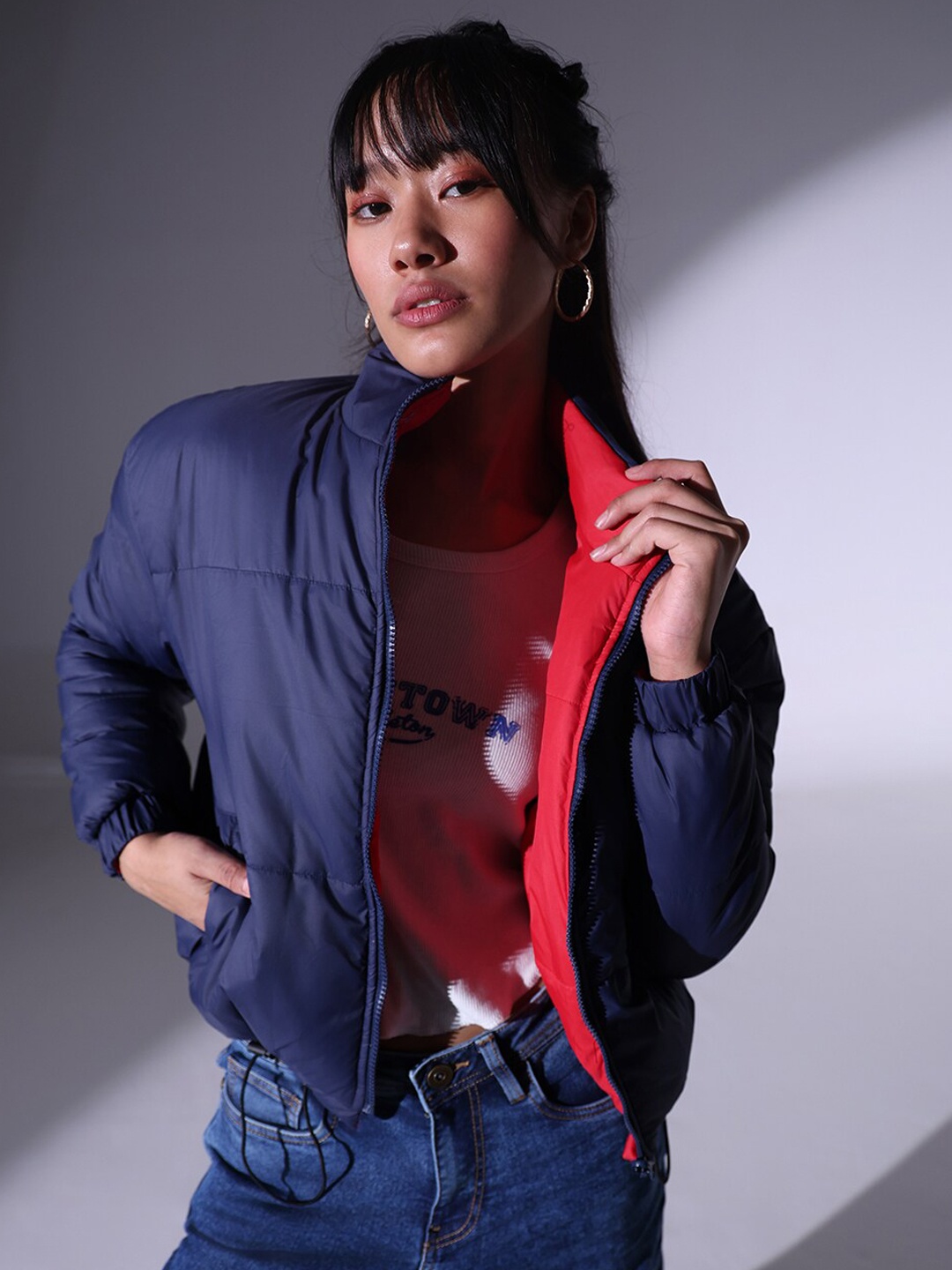 Hubberholme Reversible Mock Collar Puffer Jacket, Navy blue
