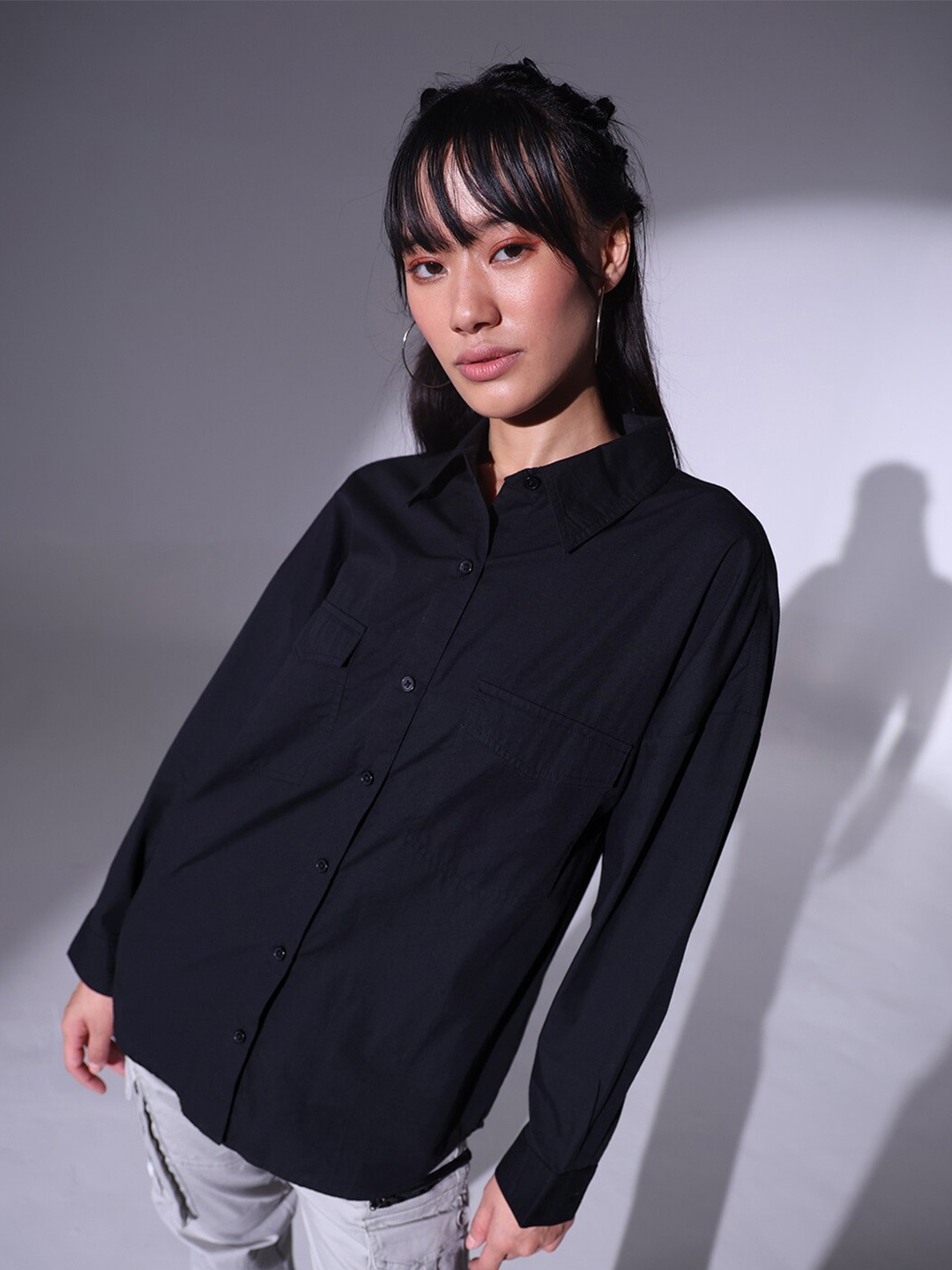 

Hubberholme Relaxed Spread Collar Oversized Pure Cotton Casual Shirt, Black