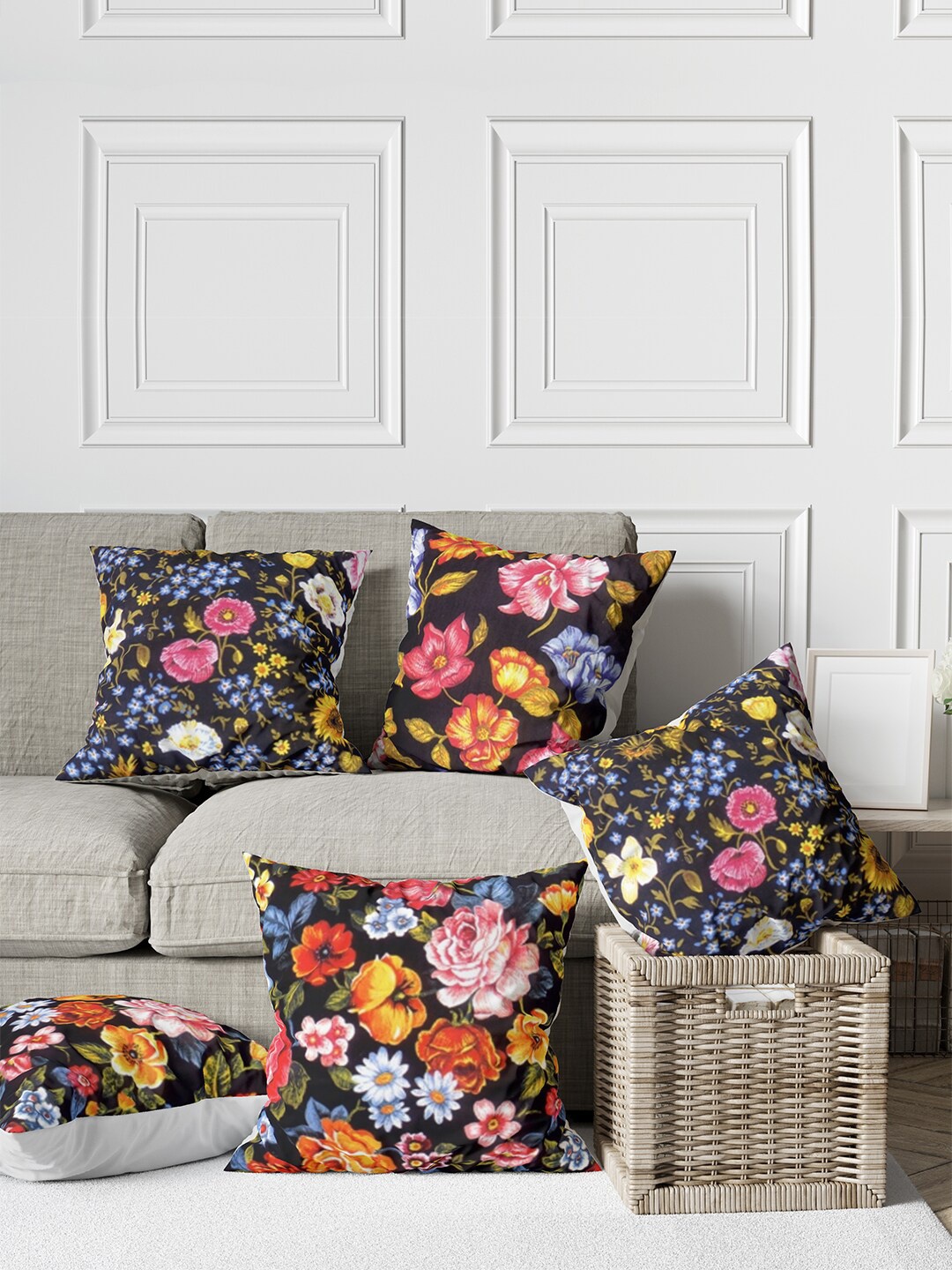 

Tasseled Home Black & Pink 5 Pieces Floral Satin Square Cushion Covers