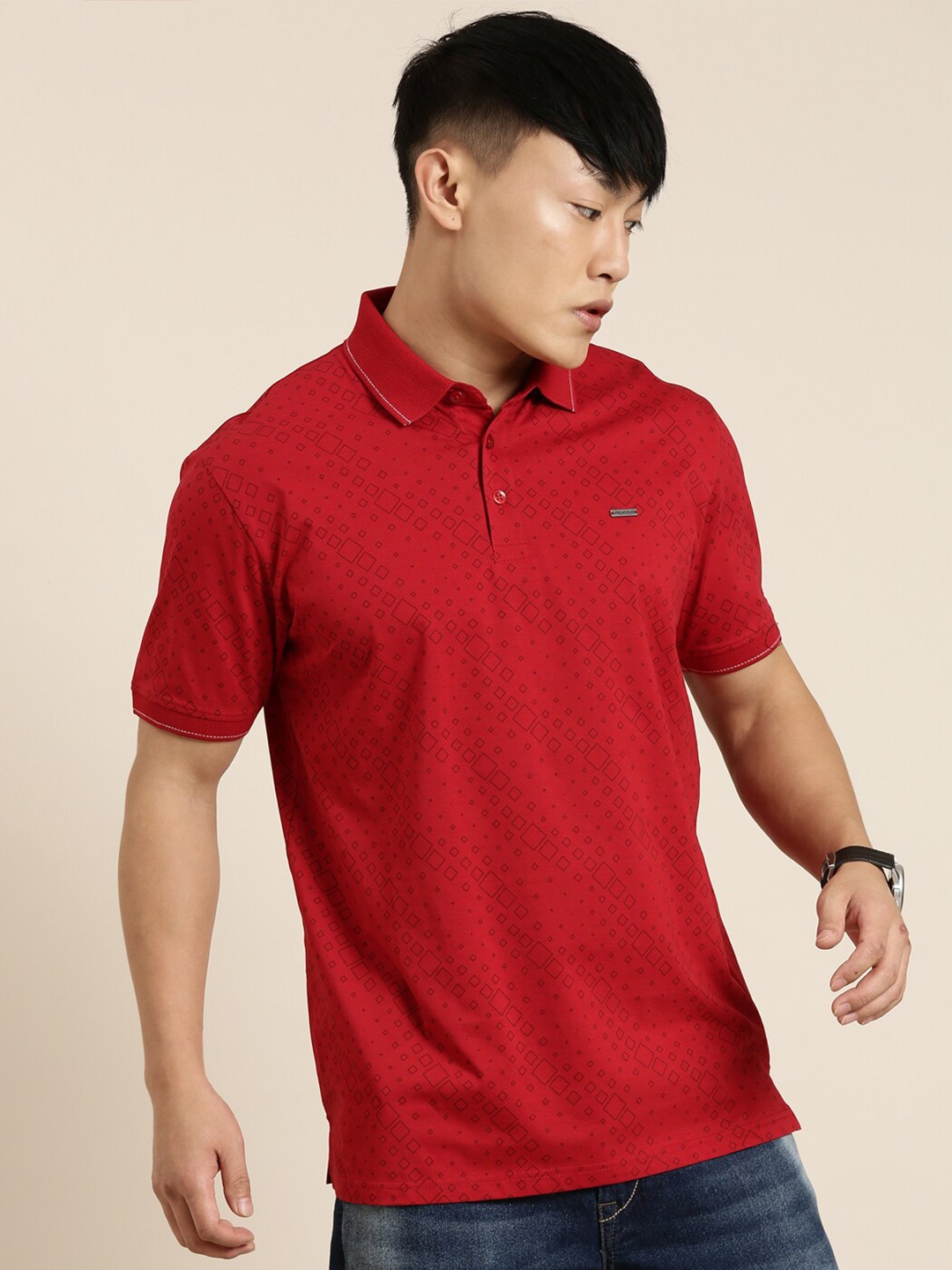 

Provogue Geometric Printed Polo Collar Cotton T-Shirt, Red