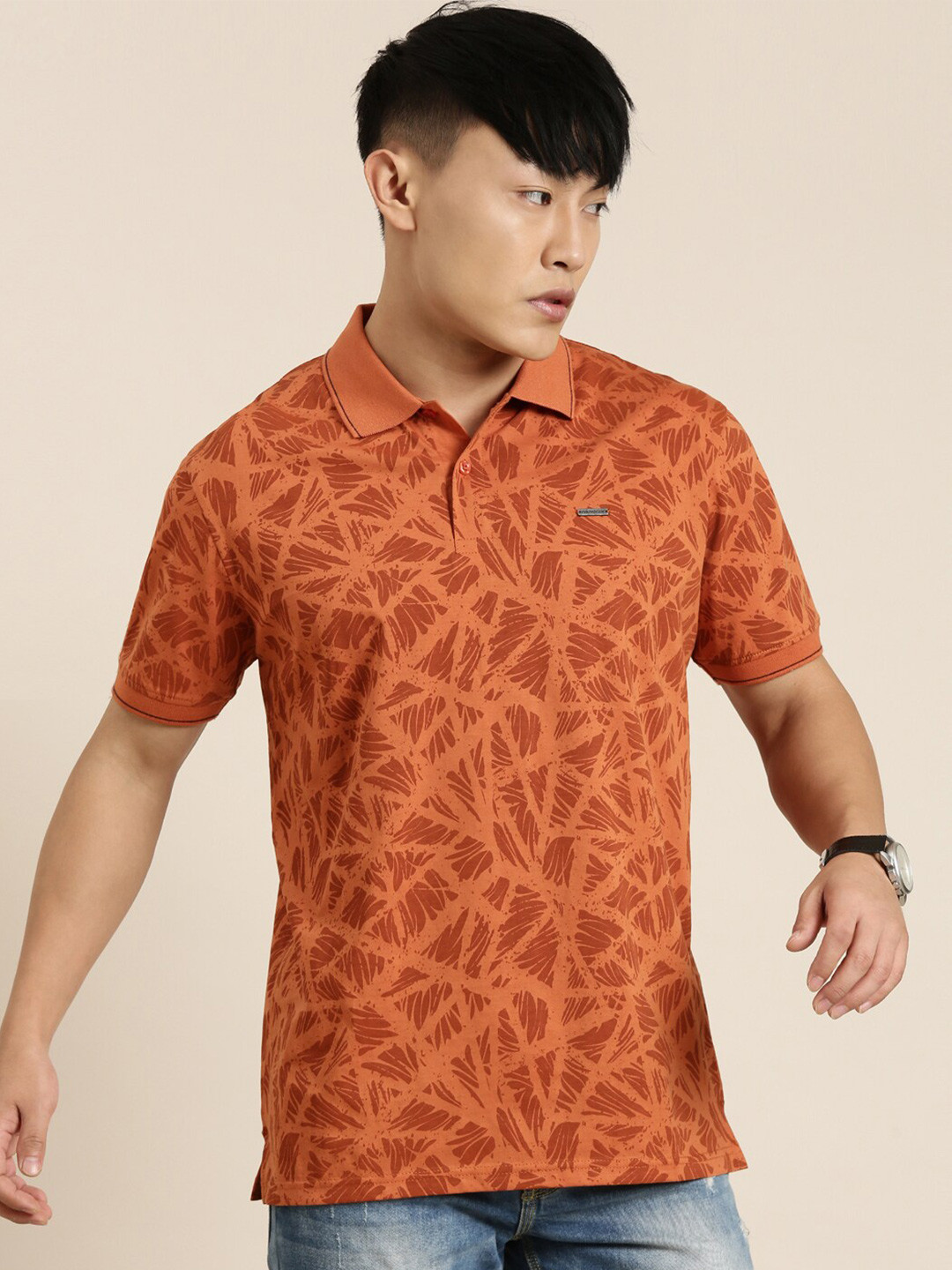 

Provogue Abstract Printed Polo Collar Cotton T-Shirt, Rust