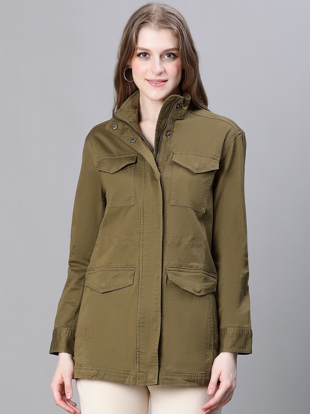 

Oxolloxo Mock Collar Cotton Lightweight Longline Tailored Jacket, Khaki