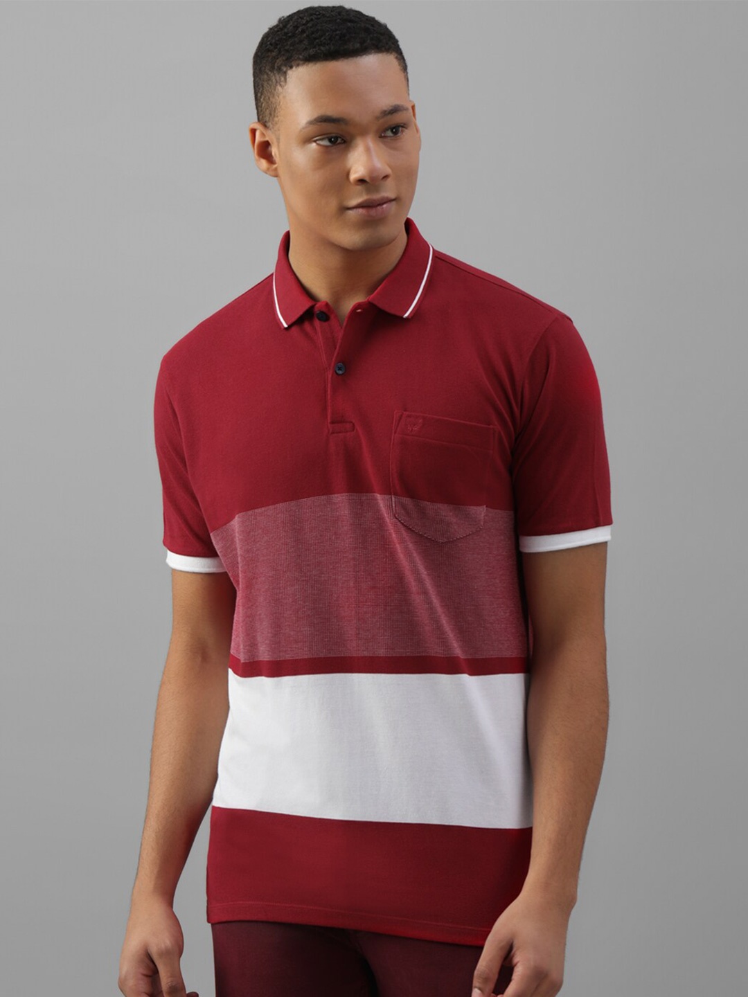 

Allen Solly Colourblocked Polo Collar Short Sleeve Pockets Cotton Regular T-shirt, Maroon