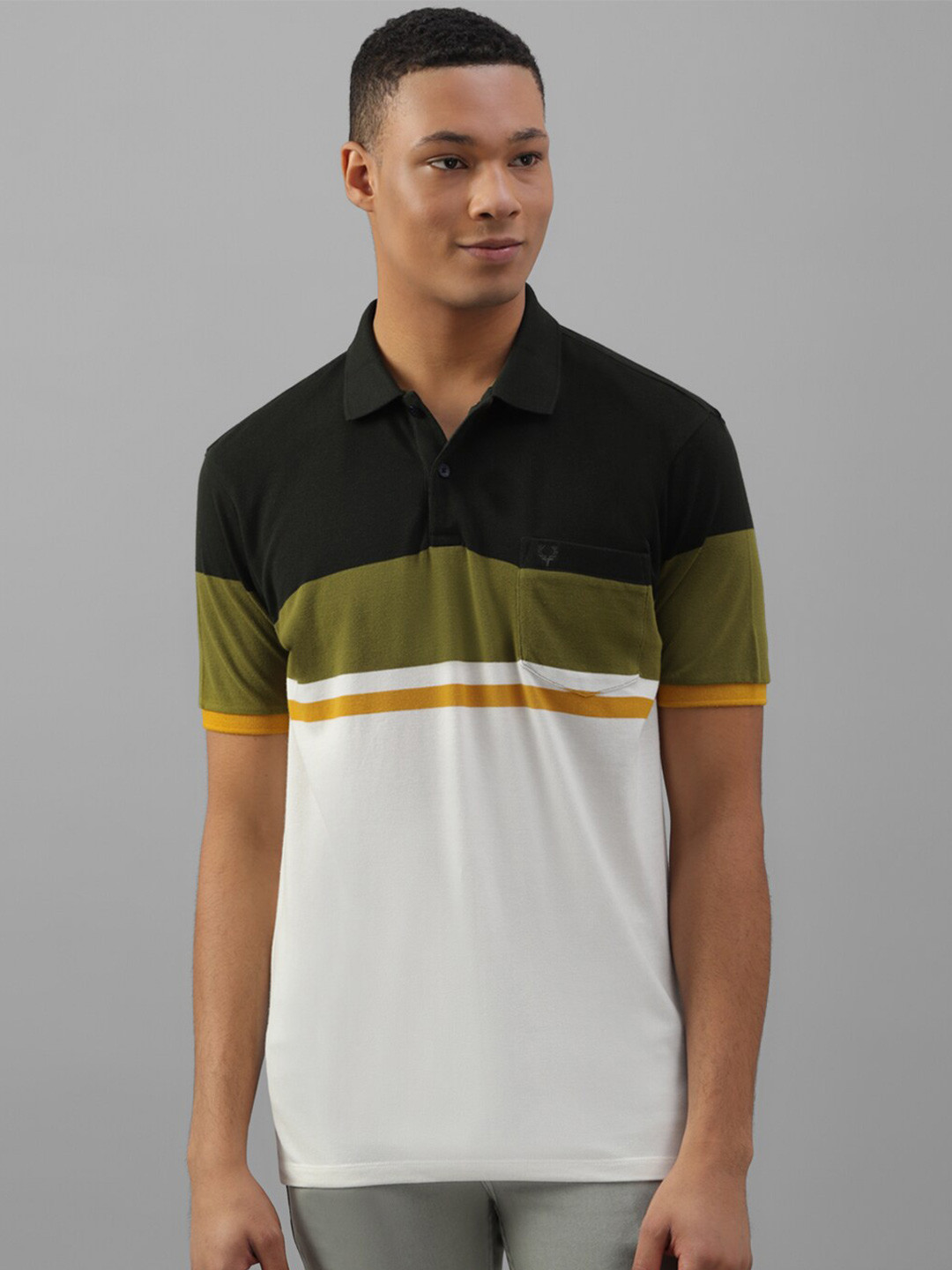 

Allen Solly Colourblocked Polo Collar Short Sleeve Pockets Cotton Regular T-shirt, White