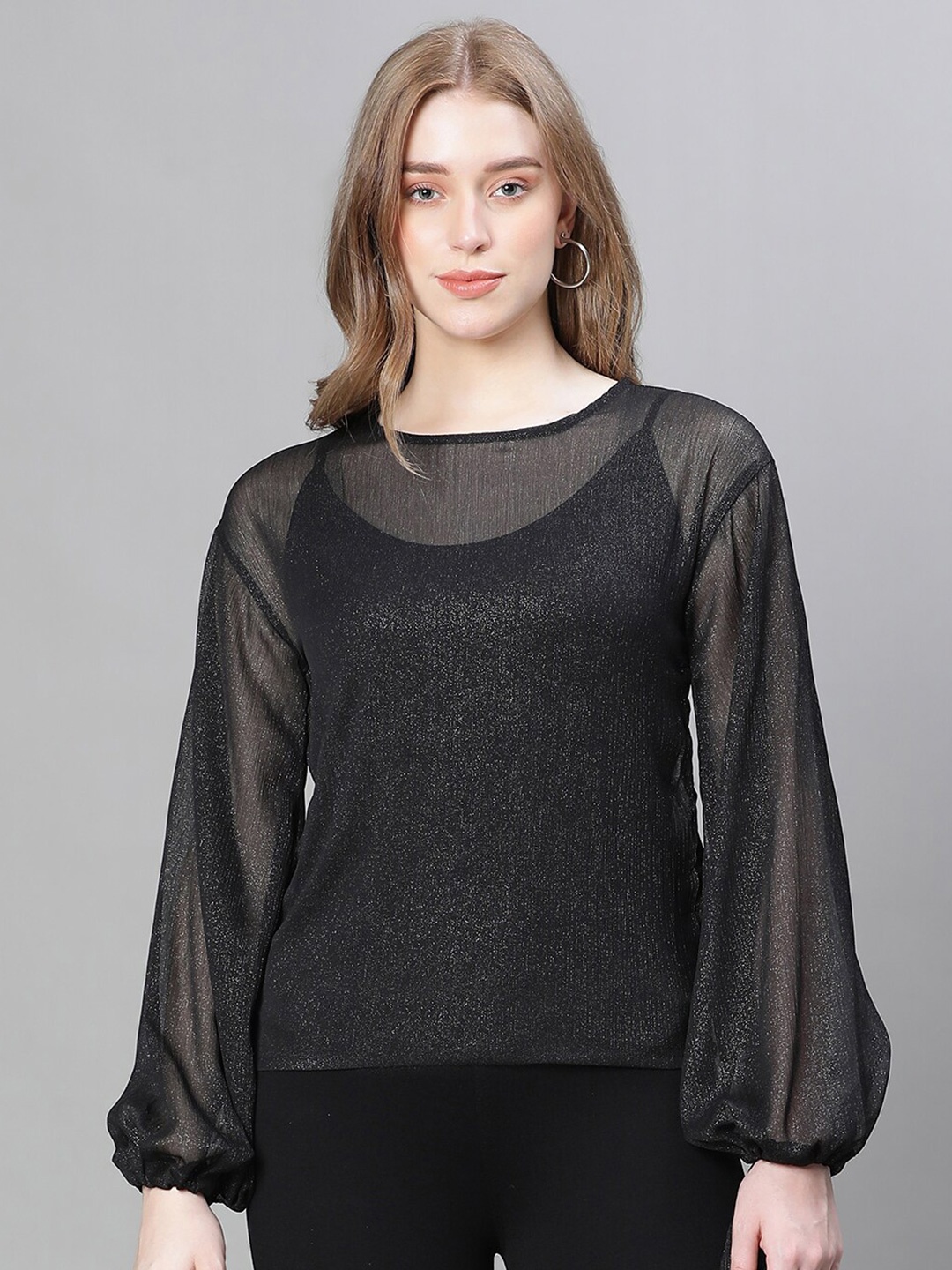 

Oxolloxo Bishop Sleeves Sheer Georgette Top, Black