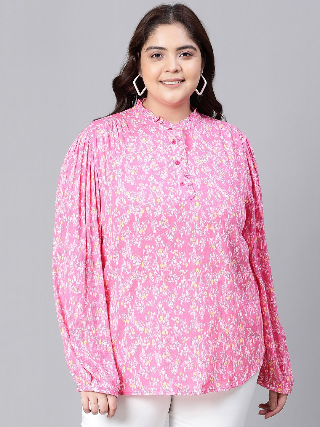 

Oxolloxo Plus Size Floral Printed Mandarin Collar Top, Pink