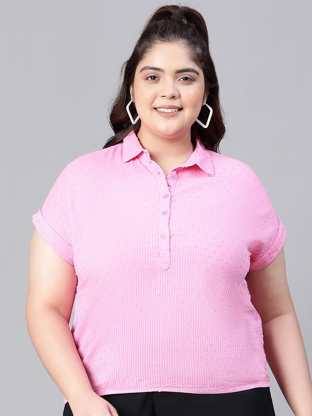 

Oxolloxo Plus Size Self Design Extended Sleeves Cotton Shirt Style Top, Pink