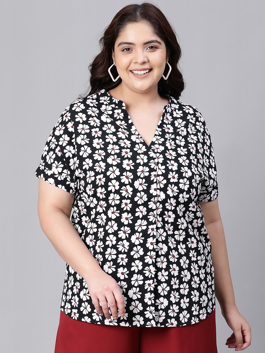 

Oxolloxo Plus Size Floral Printed Mandarin Collar Top, Black