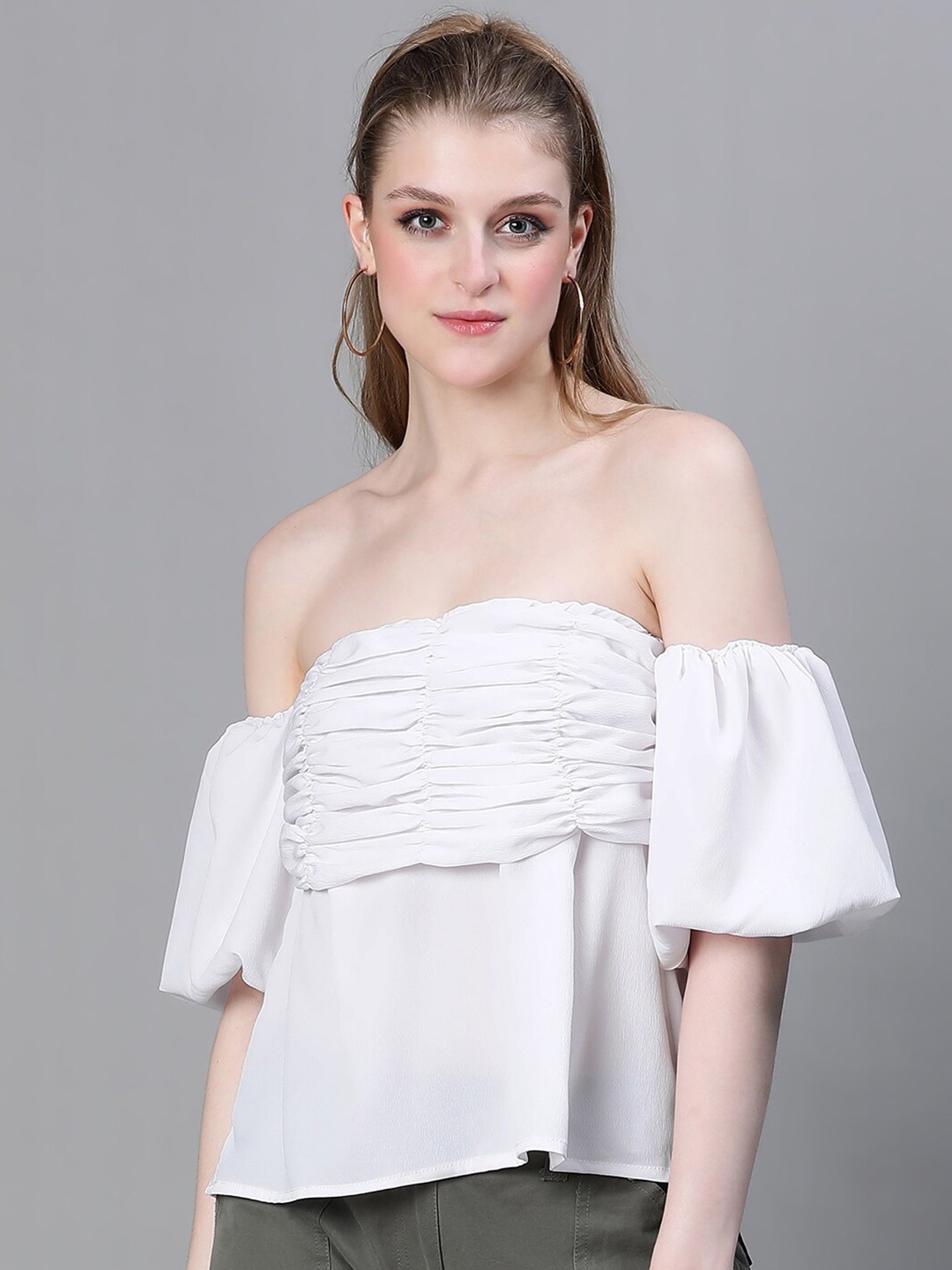 

Oxolloxo Off-Shoulder Puff Sleeve Smocked Bardot Top, White
