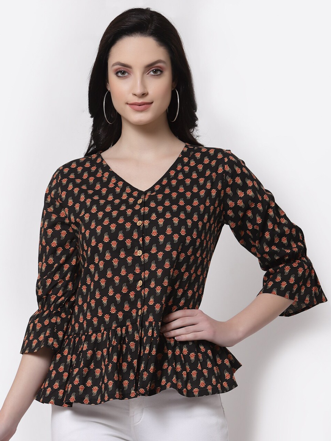 

LARGISH Black Geometric Print Cotton Peplum Top