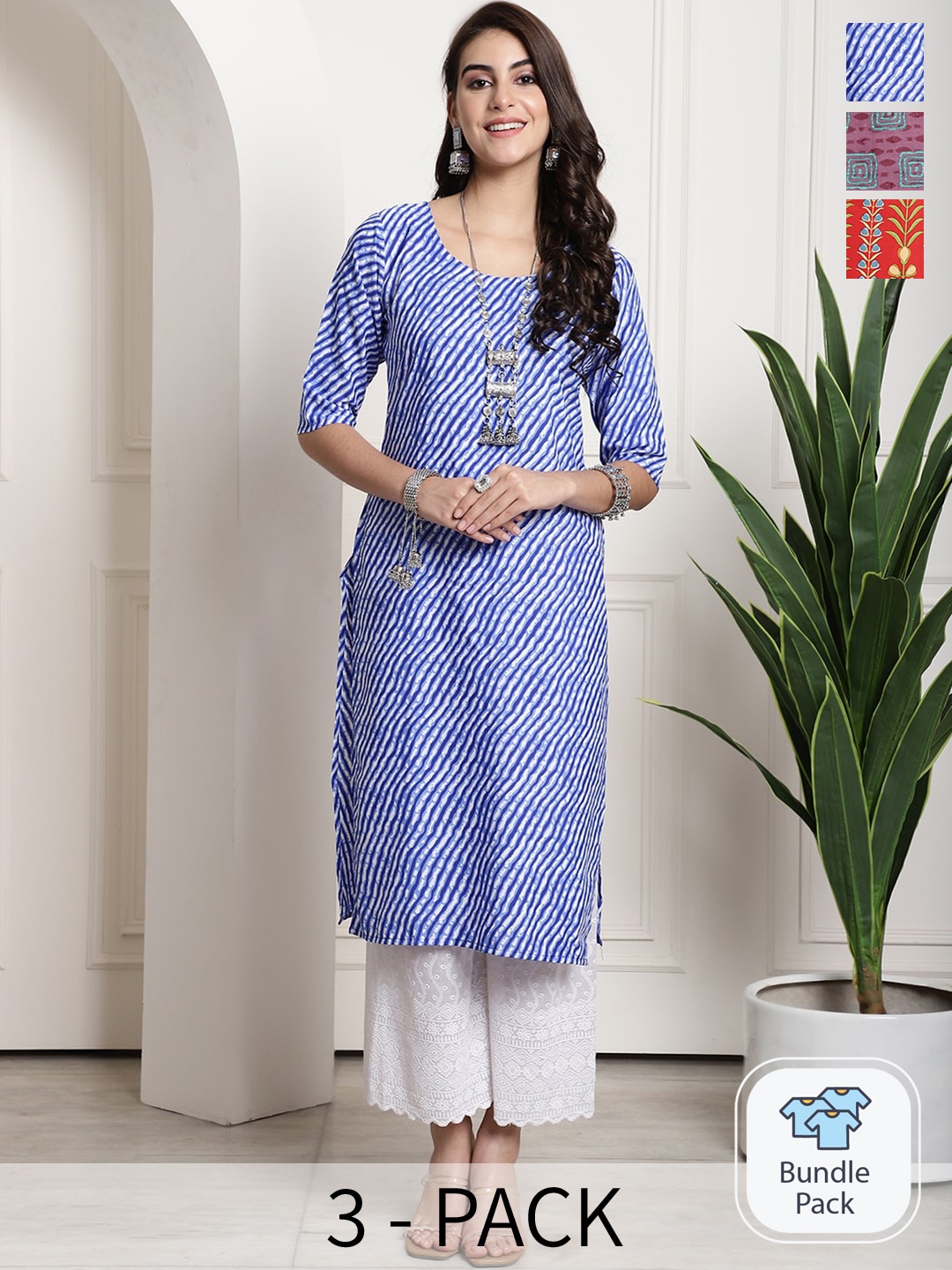 

7Threads Selection Of 3 Geometric Printed Crepe Kurta, Blue