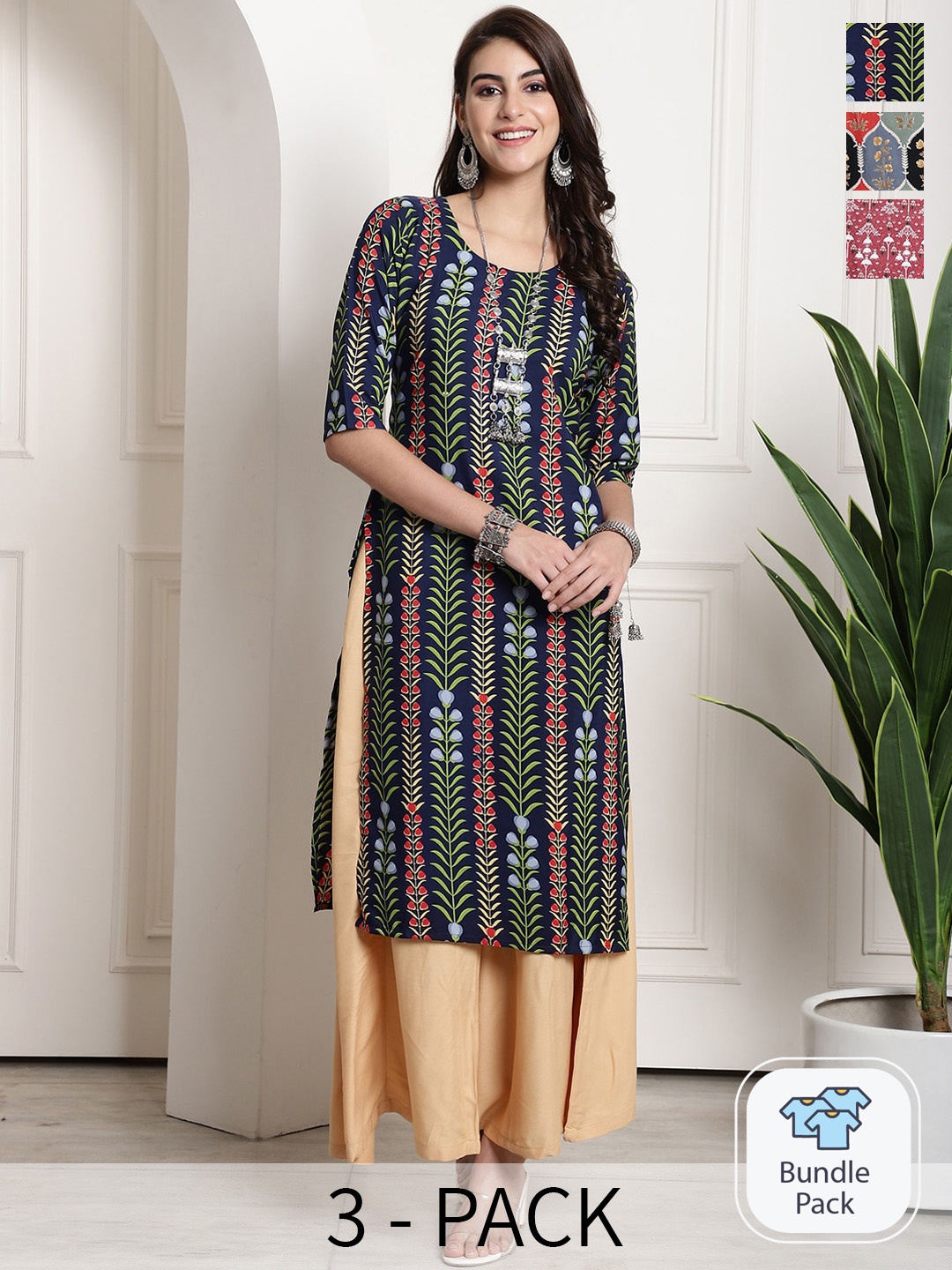 

7Threads Selection Of 3 Geometric Printed Crepe Kurta, Navy blue