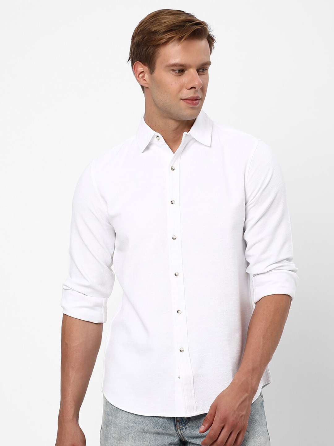 

R&B Spread Collar Cotton Casual Shirt, White