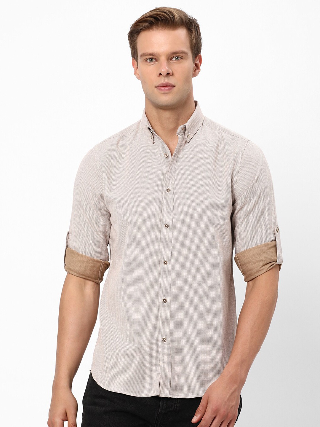 

R&B Button-Down Collar Cotton Casual Shirt, Beige