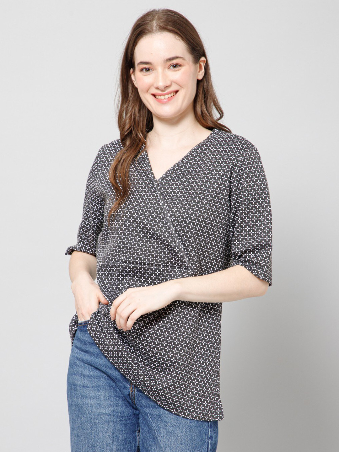 

House Of Zelena Geometric Printed Maternity Wrap Cotton Top, Black
