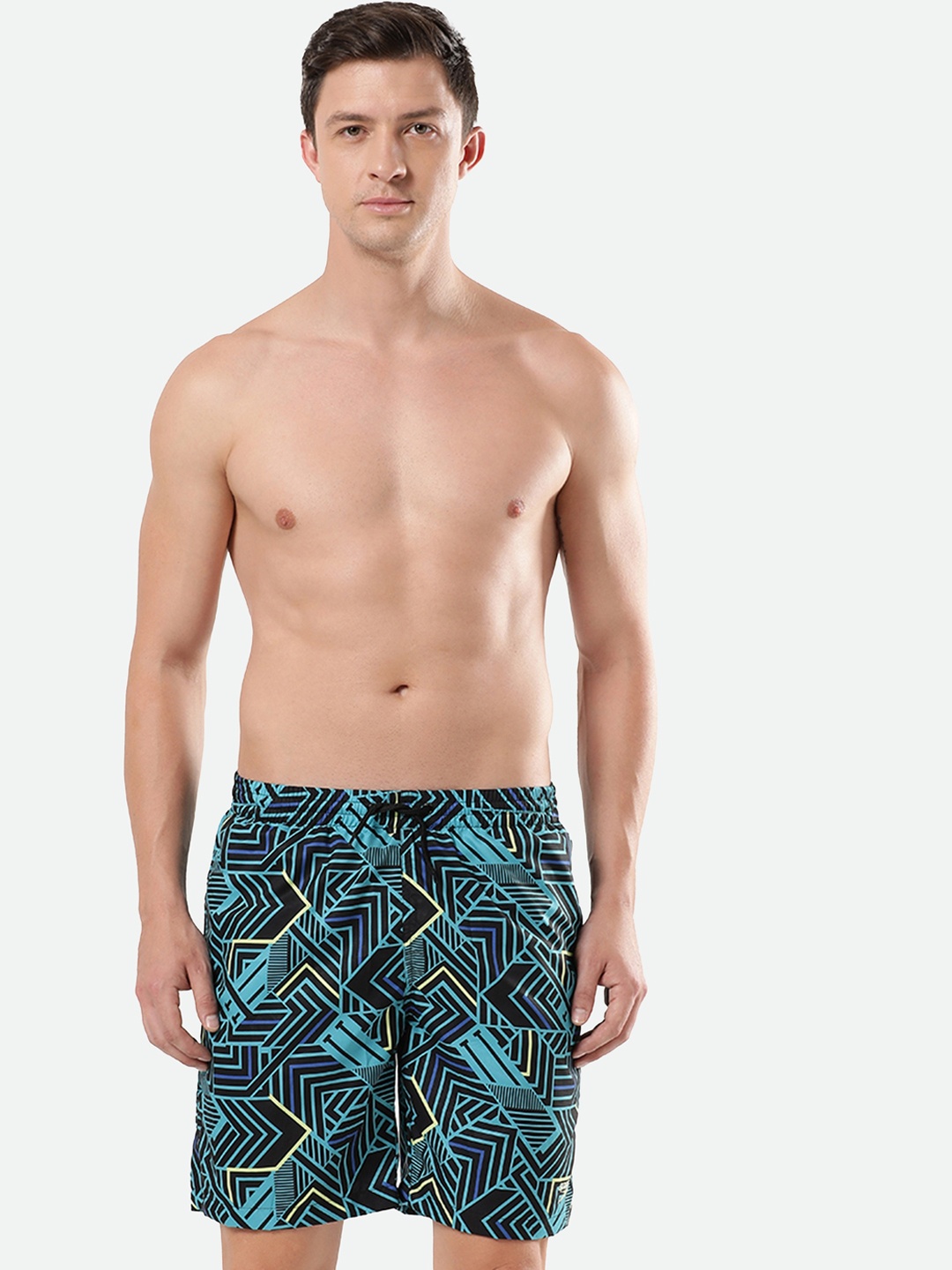 

Speedo Men Geometric Printed Mid Rise Swimming Shorts, Blue