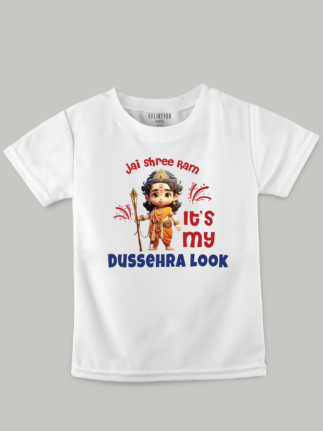 

FFLIRTYGO Kids Shree Ram Printed Pure Cotton T-shirt, White