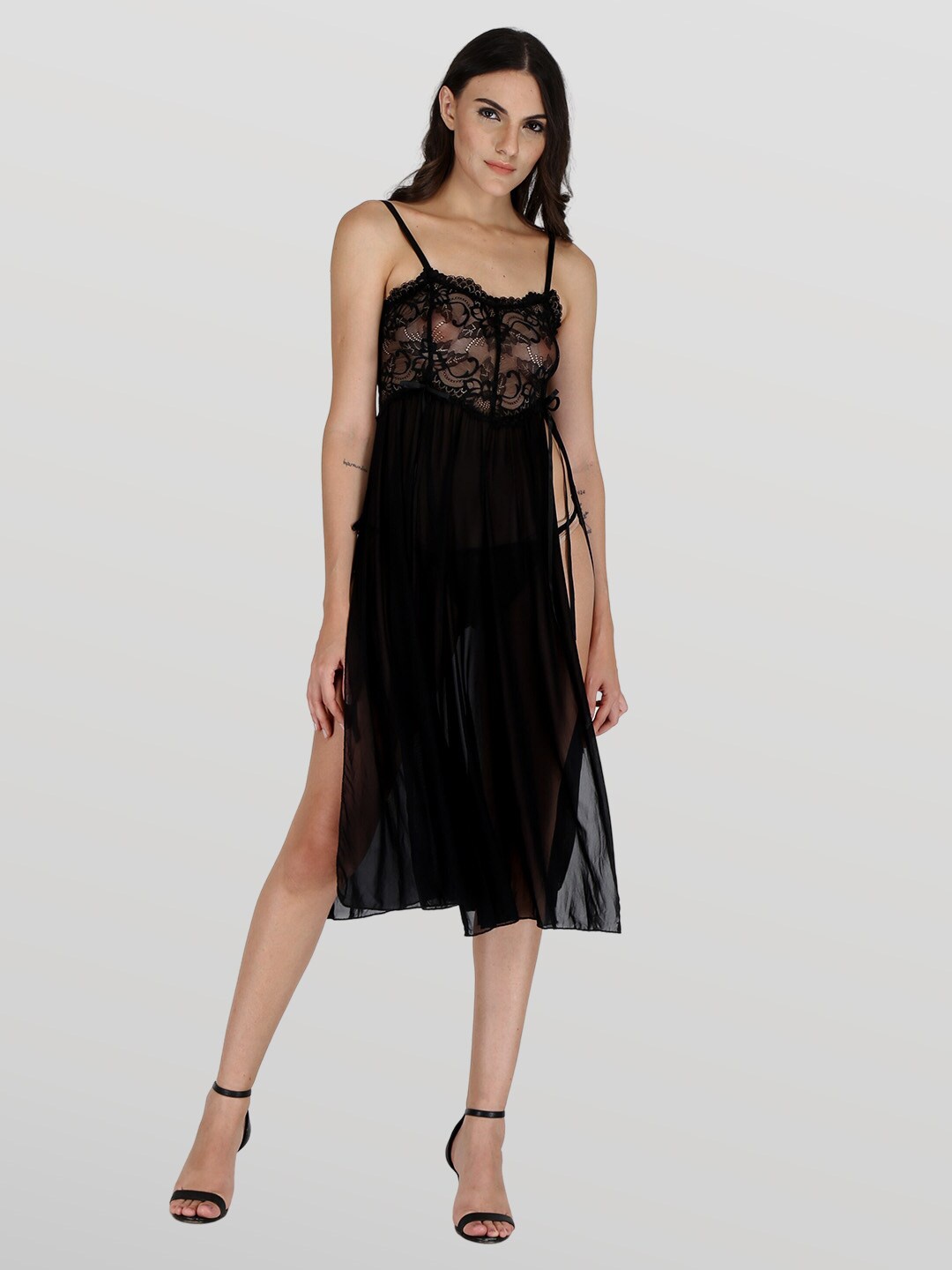 

EZLOOT Double Slit Self Design Baby Doll, Black