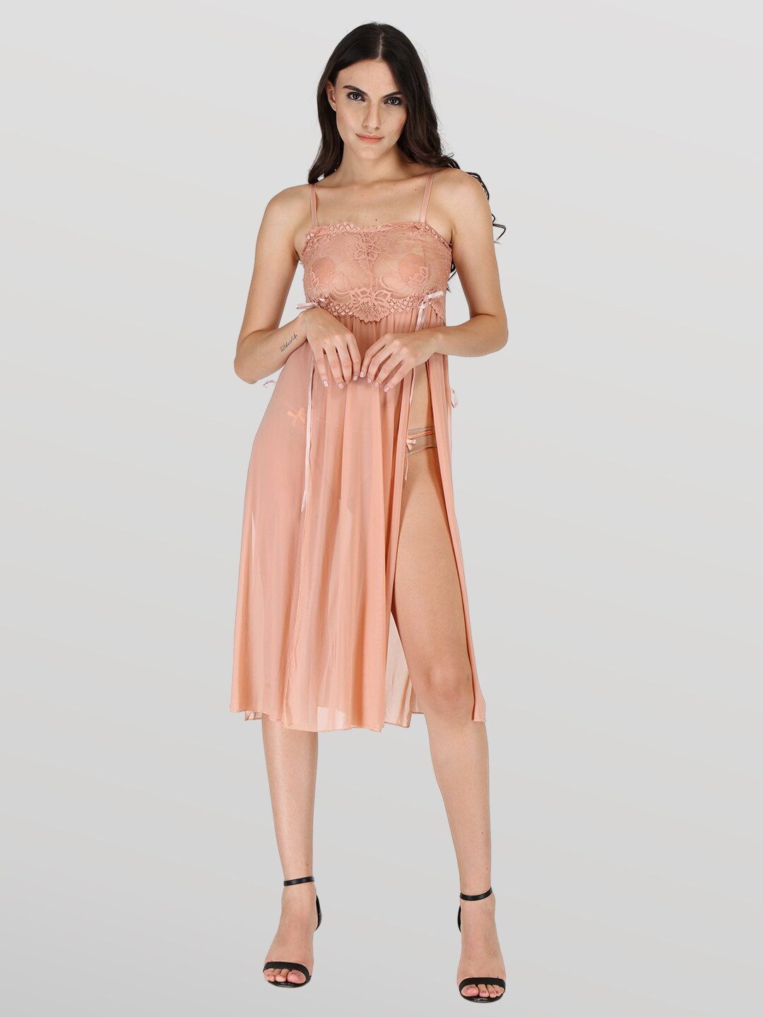 

EZLOOT Lace Self Design Flared Baby Doll With Briefs, Peach