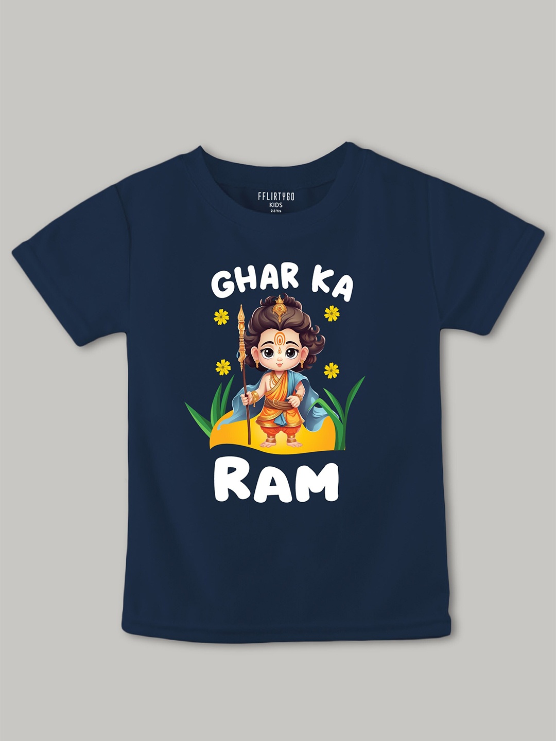 

FFLIRTYGO Kids Ghar Ka Ram Printed Pure Cotton T-shirt, Navy blue