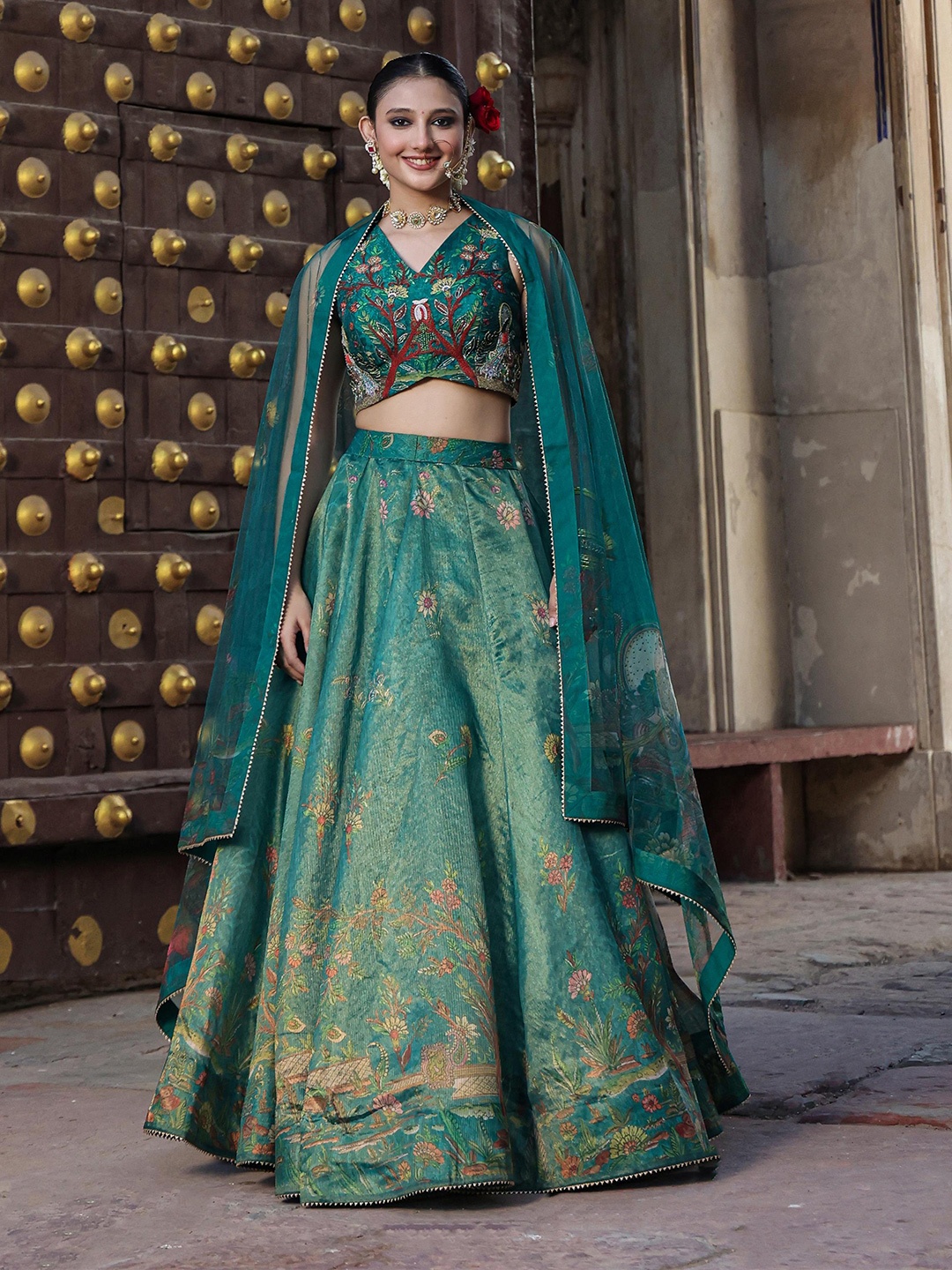 

SCAKHI Embroidered V-Neck Ready to Wear Lehenga & Blouse With Dupatta, Green