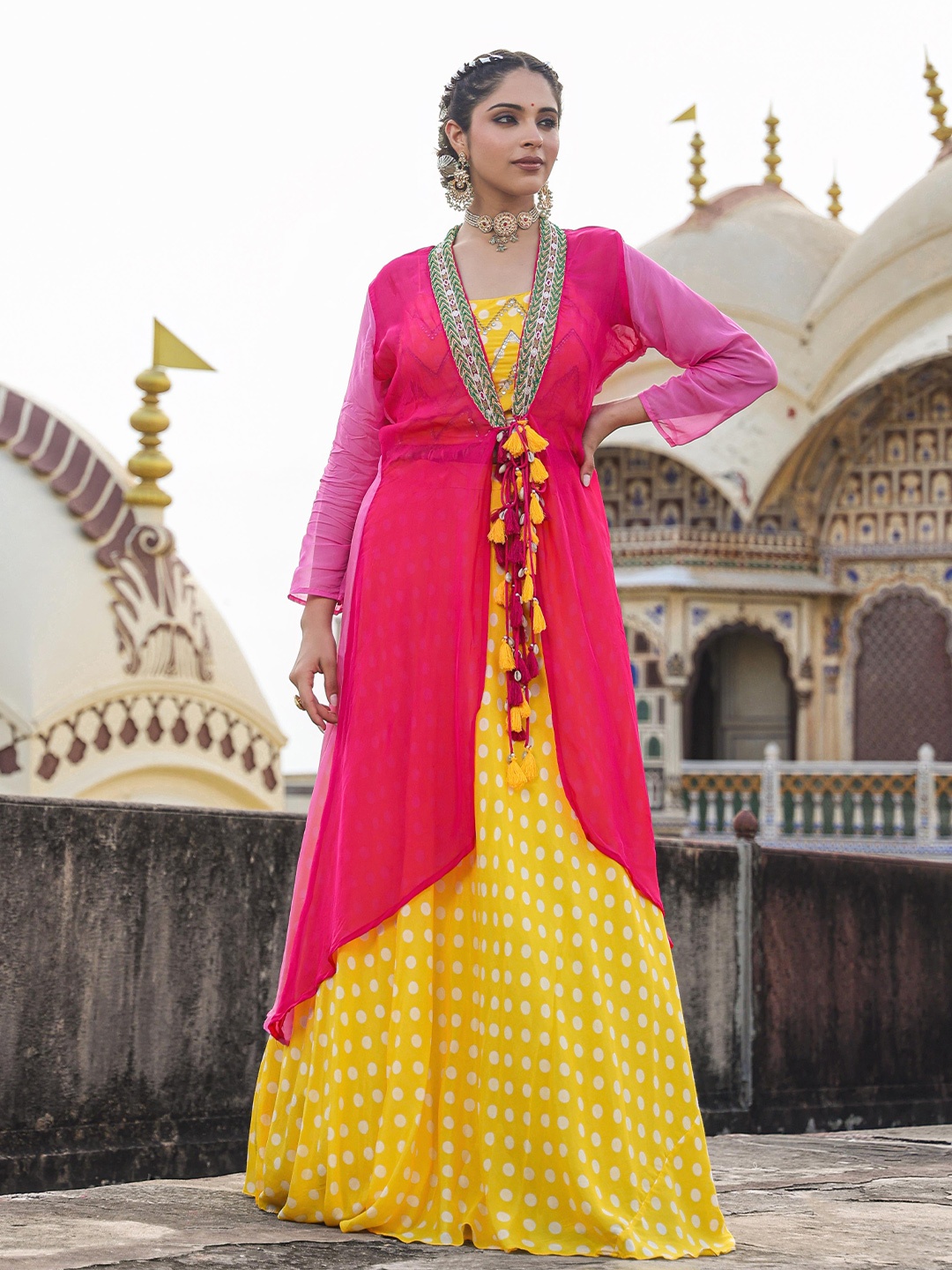 

SCAKHI Printed Beads and Stones Silk Ready to Wear Lehenga & Blouse with Cape, Yellow