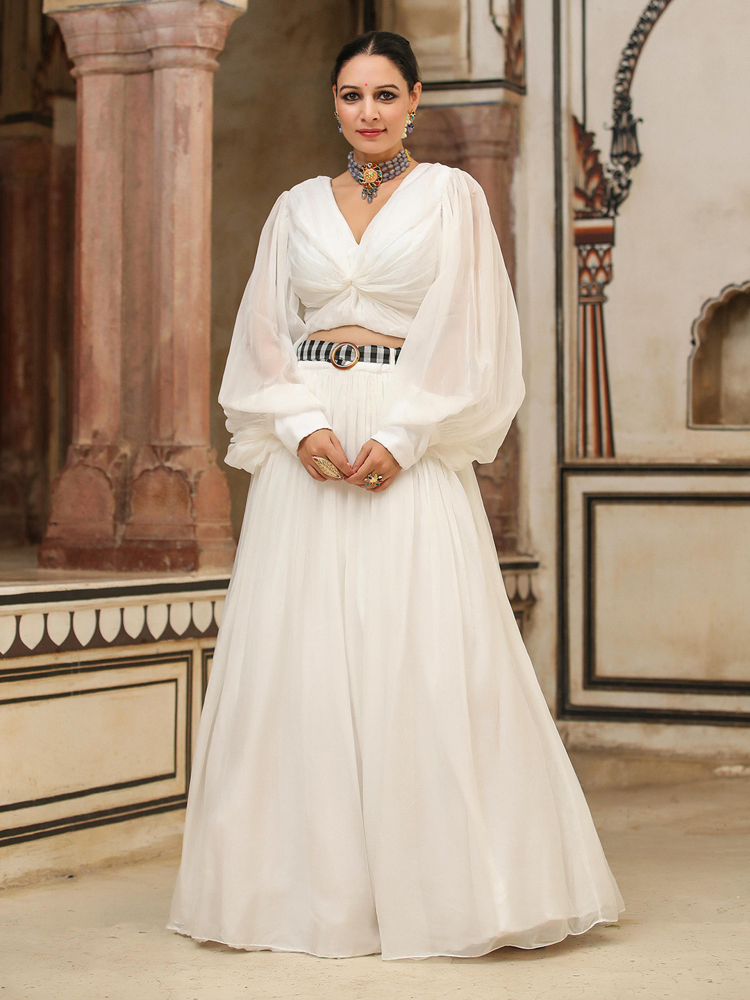 

SCAKHI V-Neck Puffed Sleeves Organza Ready to Wear Lehenga with Blouse, White