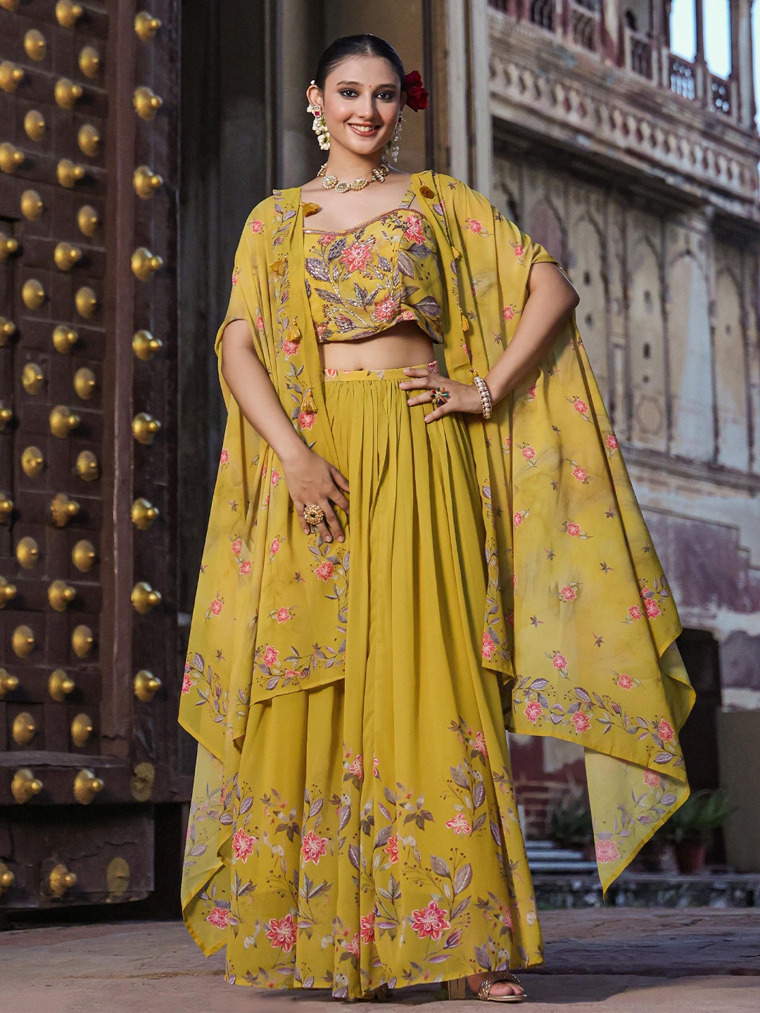 

SCAKHI Embroidered V-Neck Beads and Stones Ready to Wear Lehenga with Blouse, Mustard