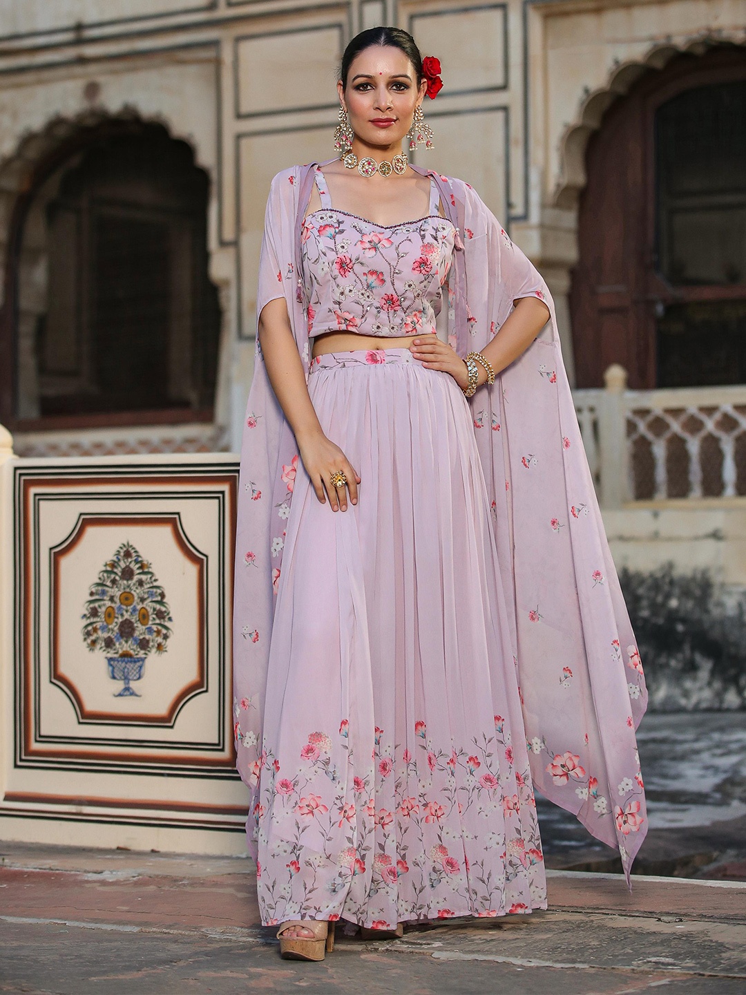 

SCAKHI Embroidered V-Neck Beads and Stones Ready to Wear Lehenga with Blouse, Lavender
