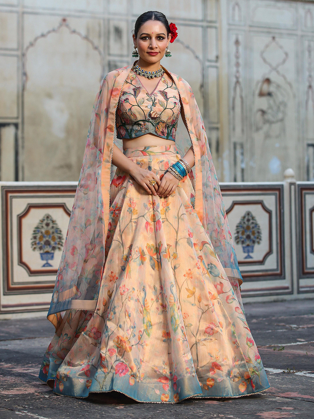 

SCAKHI Beige & Red Embroidered Beaded Ready to Wear Lehenga & Blouse With Dupatta