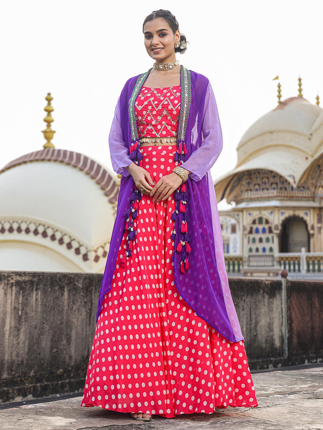 

SCAKHI Polka Dots Printed Mirror Work Ready to Wear Lehenga &, Pink