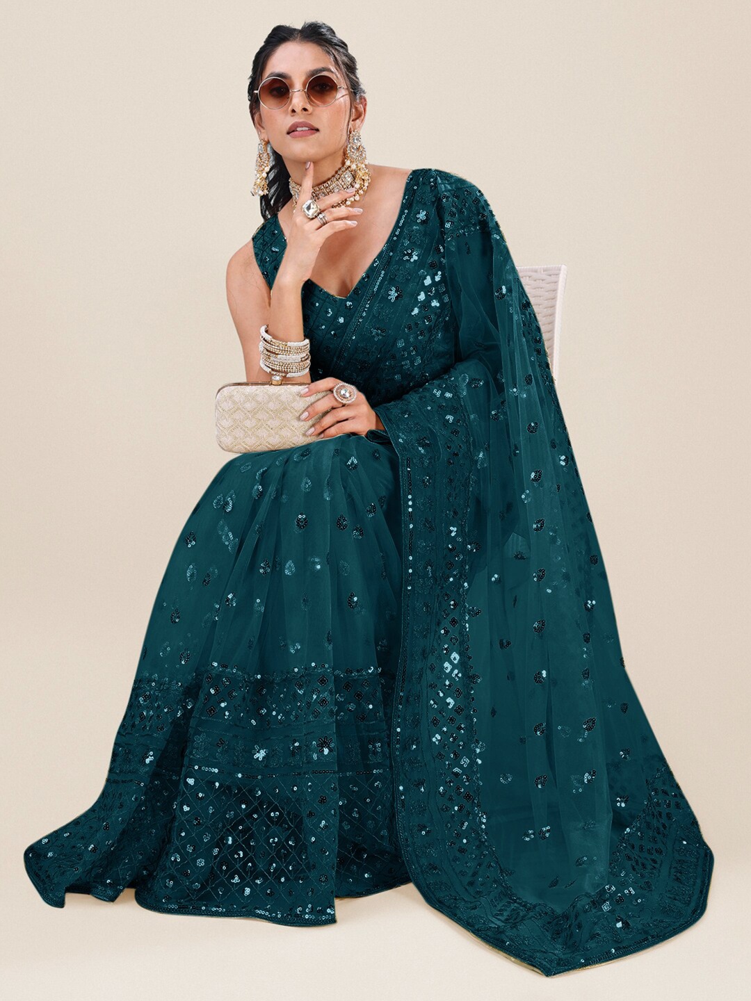 

Roykals Embellished Sequinned Net Saree, Teal