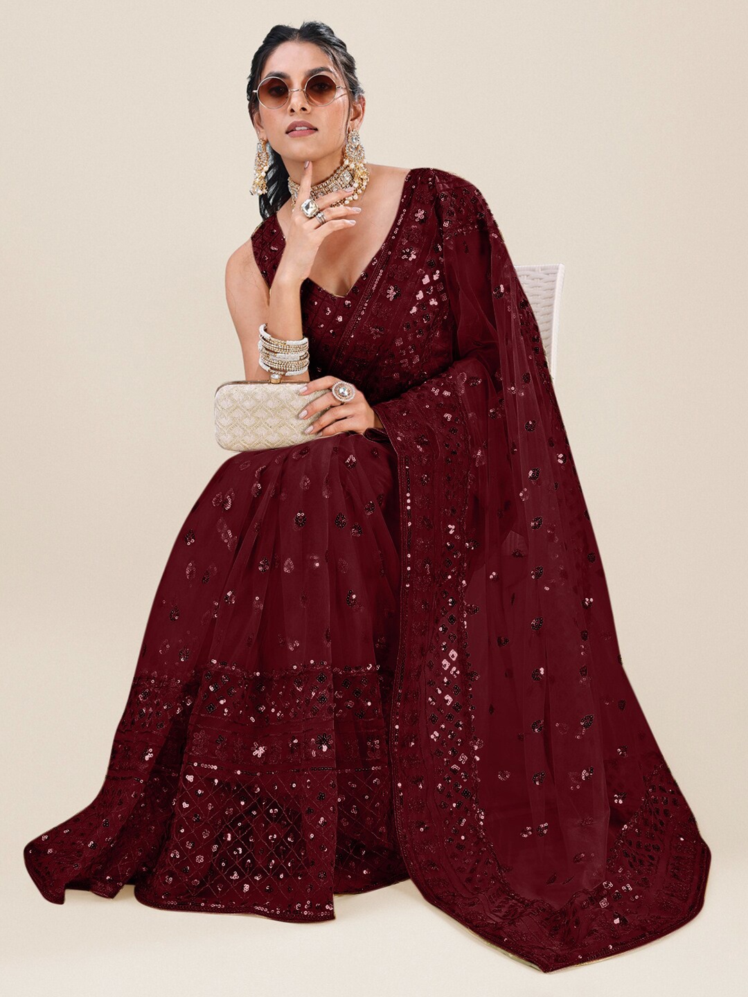 

Roykals Embellished Sequinned Net Saree, Maroon