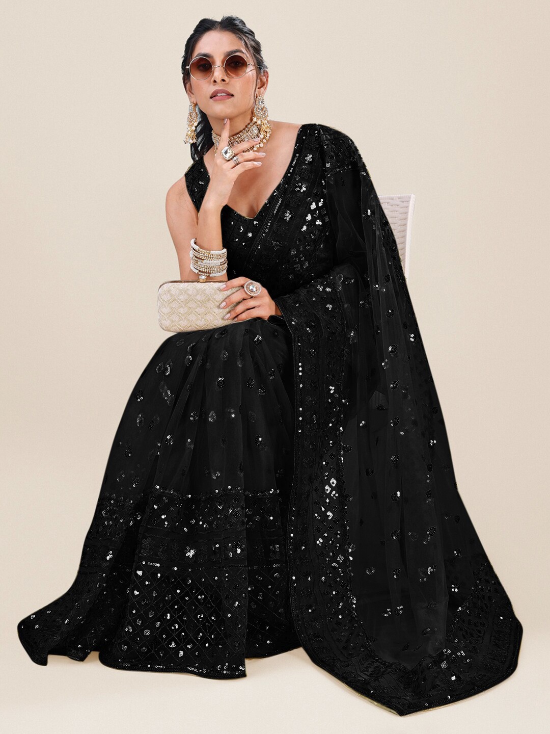 

Roykals Embellished Sequinned Net Saree, Black