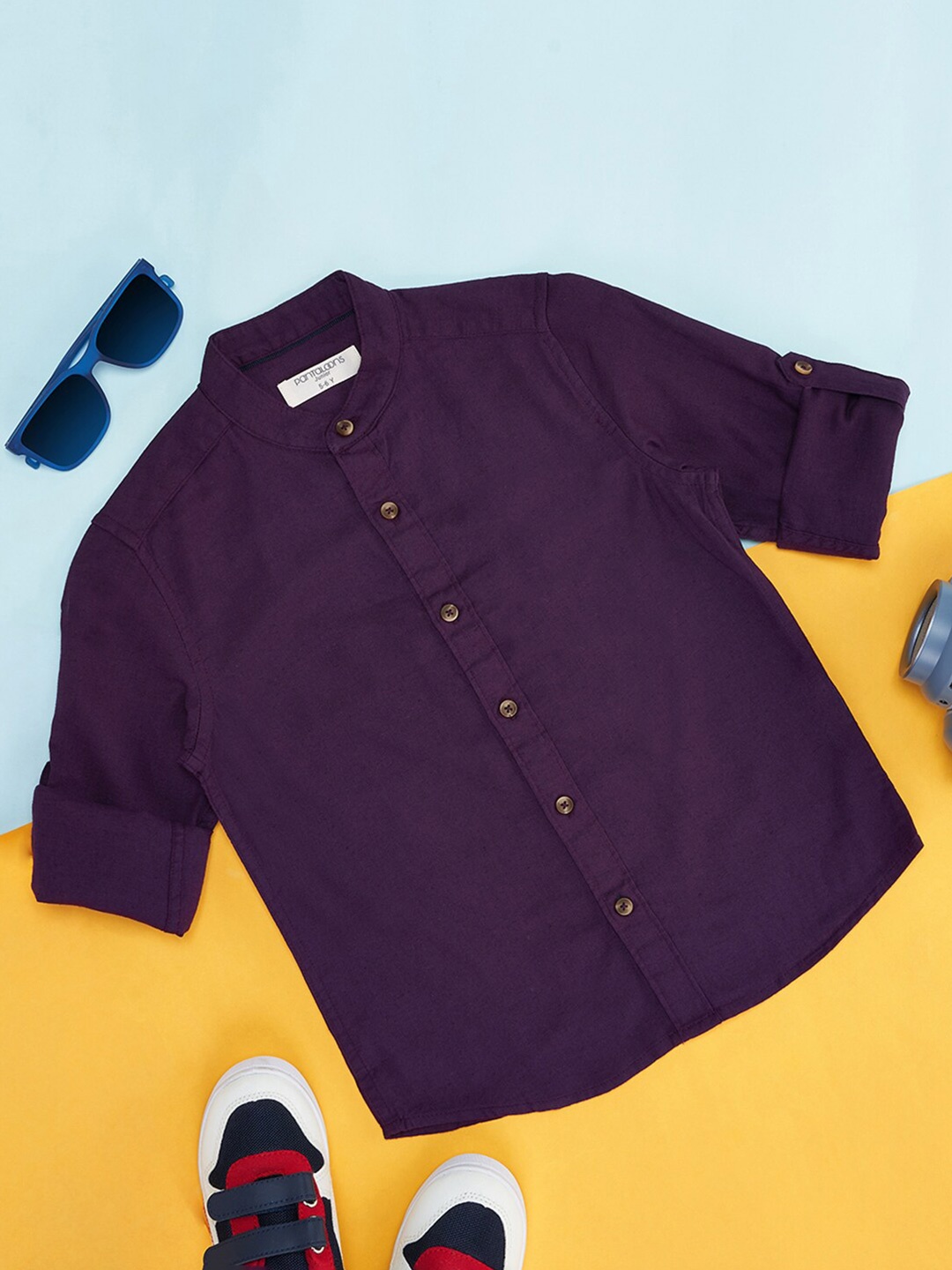 

Pantaloons Junior Boys Mandarin Collar Roll-Up Sleeves Cotton Casual Shirt, Purple