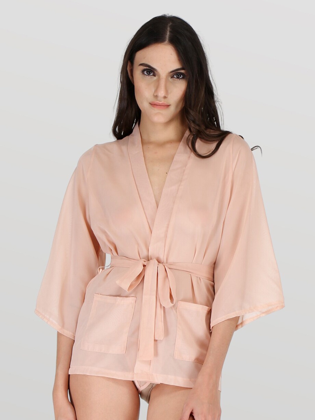 

EZLOOT Lace Up Semi Sheer Sleepwear Robe, Peach